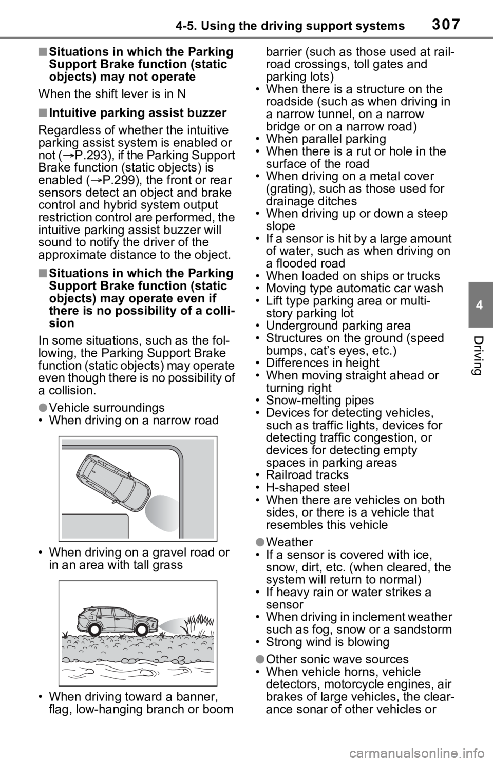 TOYOTA RAV4 HYBRID 2021 Owners Manual 3074-5. Using the driving support systems
4
Driving
■Situations in which the Parking
Support Brake function (static
objects) may not operate
When the shift lever is in N
■Intuitive parking assis TOYOTA RAV4 HYBRID 2021 Owners Manual 3074-5. Using the driving support systems
4
Driving
■Situations in which the Parking
Support Brake function (static
objects) may not operate
When the shift lever is in N
■Intuitive parking assis