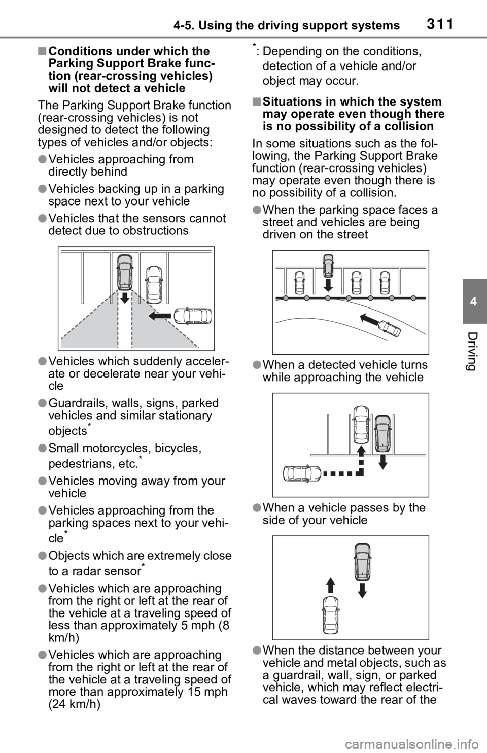 TOYOTA RAV4 HYBRID 2021 Workshop Manual 3114-5. Using the driving support systems
4
Driving
■Conditions under which the
Parking Support Brake func-
tion (rear-crossing vehicles)
will not detect a vehicle
The Parking Support Brake functi TOYOTA RAV4 HYBRID 2021 Workshop Manual 3114-5. Using the driving support systems
4
Driving
■Conditions under which the
Parking Support Brake func-
tion (rear-crossing vehicles)
will not detect a vehicle
The Parking Support Brake functi