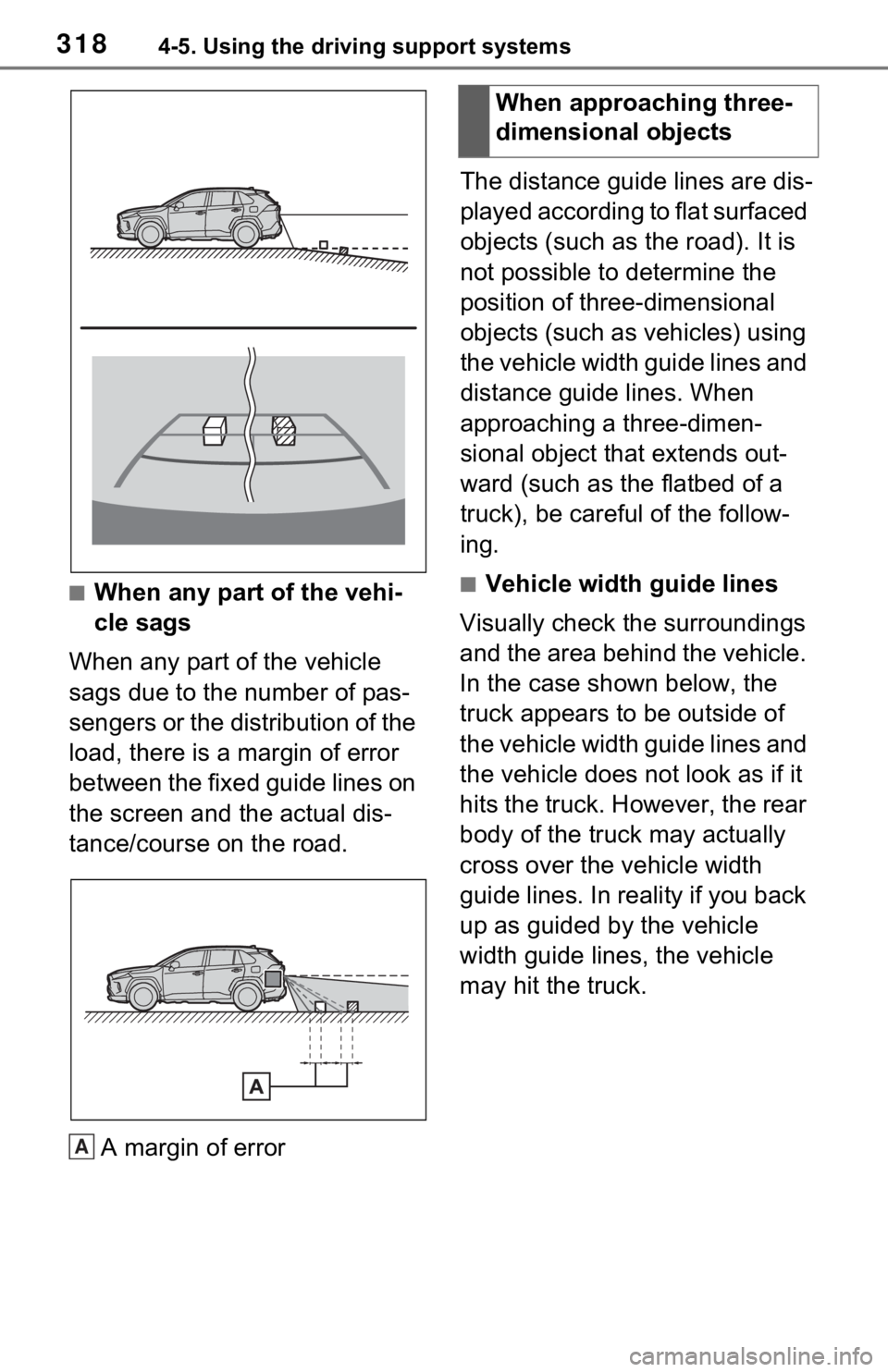 TOYOTA RAV4 HYBRID 2021 Owners Manual 3184-5. Using the driving support systems
■When any part of the vehi-
cle sags
When any part of the vehicle
sags due to the number of pas-
sengers or the distribution of the
load, there is a margi TOYOTA RAV4 HYBRID 2021 Owners Manual 3184-5. Using the driving support systems
■When any part of the vehi-
cle sags
When any part of the vehicle
sags due to the number of pas-
sengers or the distribution of the
load, there is a margi