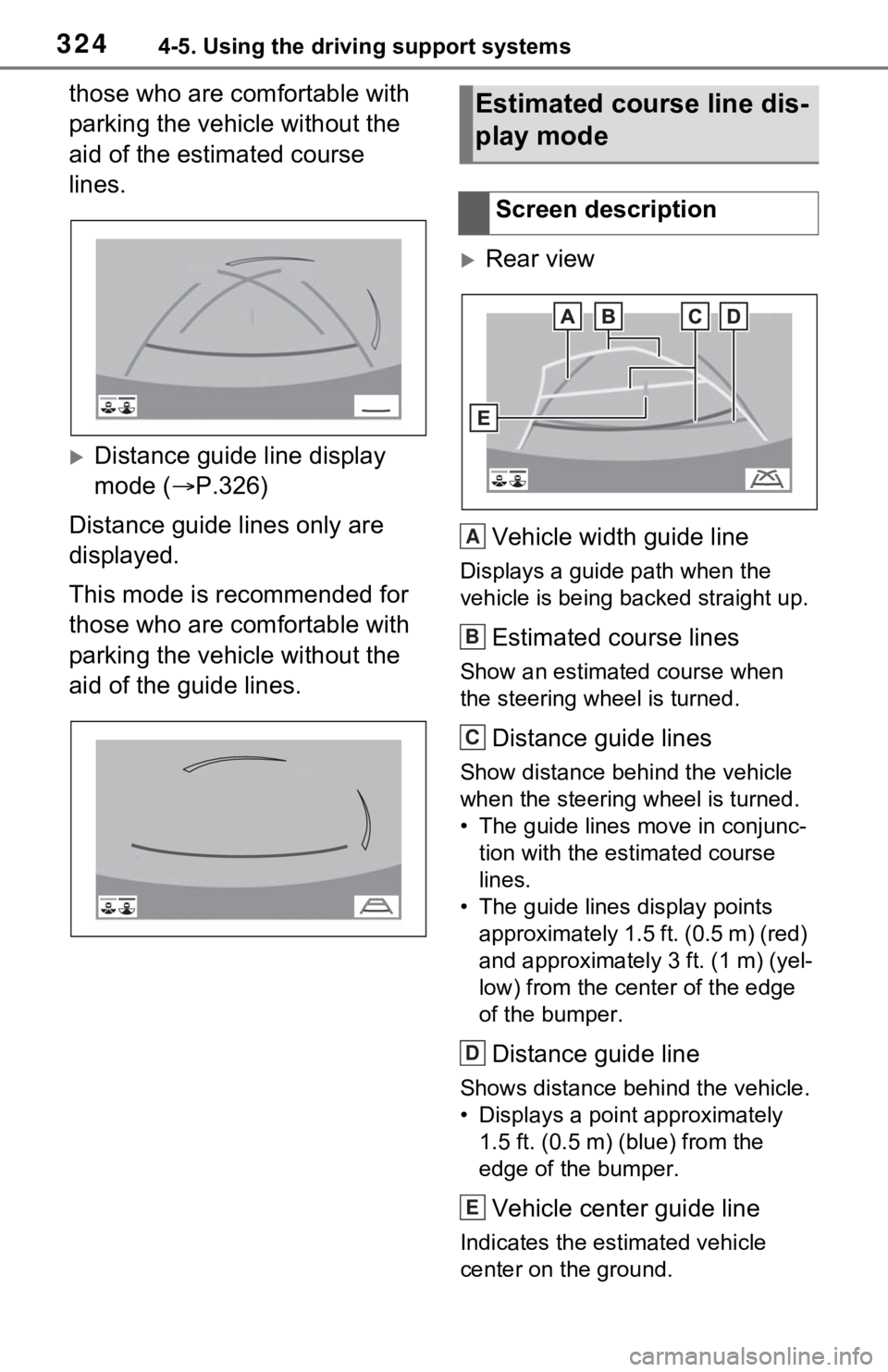 TOYOTA RAV4 HYBRID 2021 Owners Manual 3244-5. Using the driving support systems
those who are comfortable with
parking the vehicle without the
aid of the estimated course
lines.
Distance guide line display
mode (P.326)
Distance TOYOTA RAV4 HYBRID 2021 Owners Manual 3244-5. Using the driving support systems
those who are comfortable with
parking the vehicle without the
aid of the estimated course
lines.
Distance guide line display
mode (P.326)
Distance