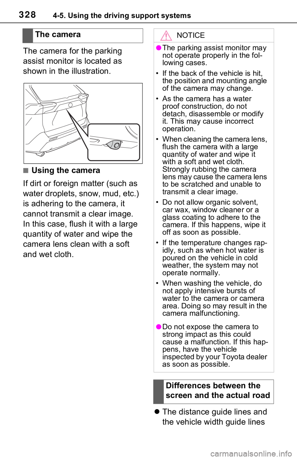 TOYOTA RAV4 HYBRID 2021 Owners Manual 3284-5. Using the driving support systems
The camera for the parking
assist monitor is located as
shown in the illustration.
■Using the camera
If dirt or foreign matter (such as
water droplets, s TOYOTA RAV4 HYBRID 2021 Owners Manual 3284-5. Using the driving support systems
The camera for the parking
assist monitor is located as
shown in the illustration.
■Using the camera
If dirt or foreign matter (such as
water droplets, s