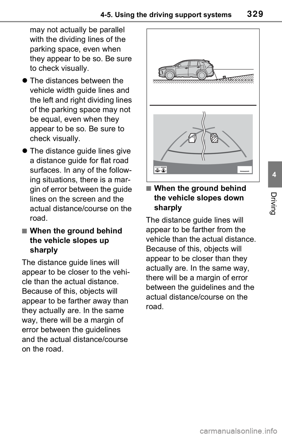 TOYOTA RAV4 HYBRID 2021 Owners Manual 3294-5. Using the driving support systems
4
Driving
may not actually be parallel
with the dividing lines of the
parking space, even when
they appear to be so. Be sure
to check visually.
The di TOYOTA RAV4 HYBRID 2021 Owners Manual 3294-5. Using the driving support systems
4
Driving
may not actually be parallel
with the dividing lines of the
parking space, even when
they appear to be so. Be sure
to check visually.
The di