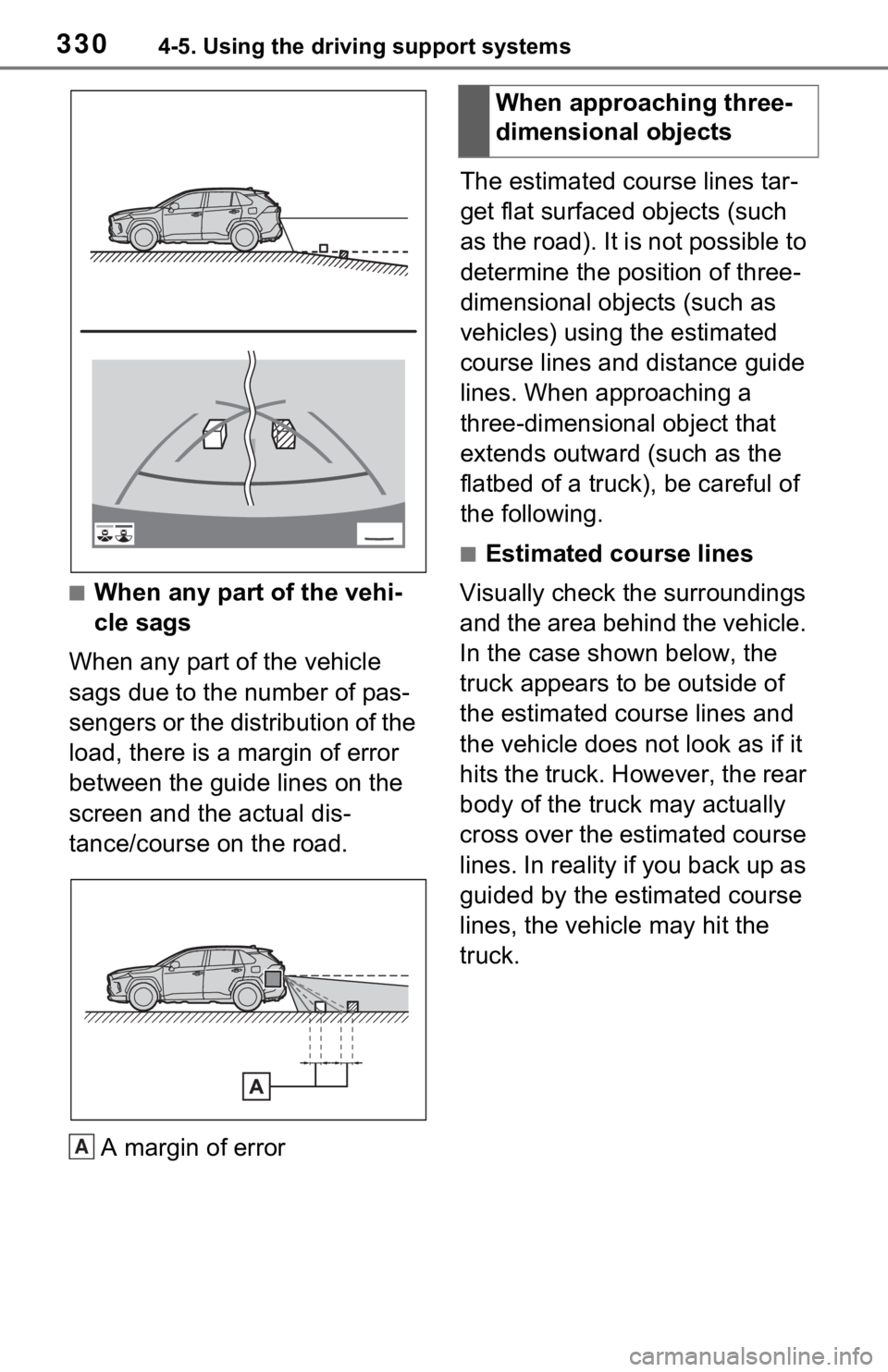 TOYOTA RAV4 HYBRID 2021 Owners Manual 3304-5. Using the driving support systems
■When any part of the vehi-
cle sags
When any part of the vehicle
sags due to the number of pas-
sengers or the distribution of the
load, there is a margi TOYOTA RAV4 HYBRID 2021 Owners Manual 3304-5. Using the driving support systems
■When any part of the vehi-
cle sags
When any part of the vehicle
sags due to the number of pas-
sengers or the distribution of the
load, there is a margi
