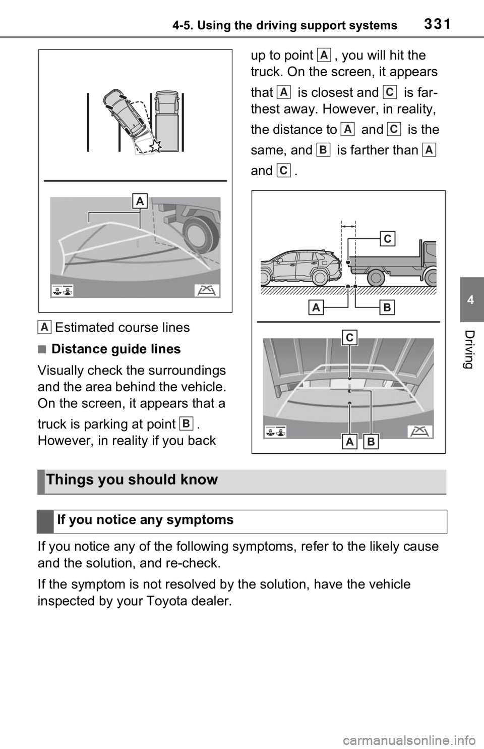 TOYOTA RAV4 HYBRID 2021 Owners Manual 3314-5. Using the driving support systems
4
DrivingEstimated course lines
■Distance guide lines
Visually check the surroundings
and the area behind the vehicle.
On the screen, it appears that a
t TOYOTA RAV4 HYBRID 2021 Owners Manual 3314-5. Using the driving support systems
4
DrivingEstimated course lines
■Distance guide lines
Visually check the surroundings
and the area behind the vehicle.
On the screen, it appears that a
t