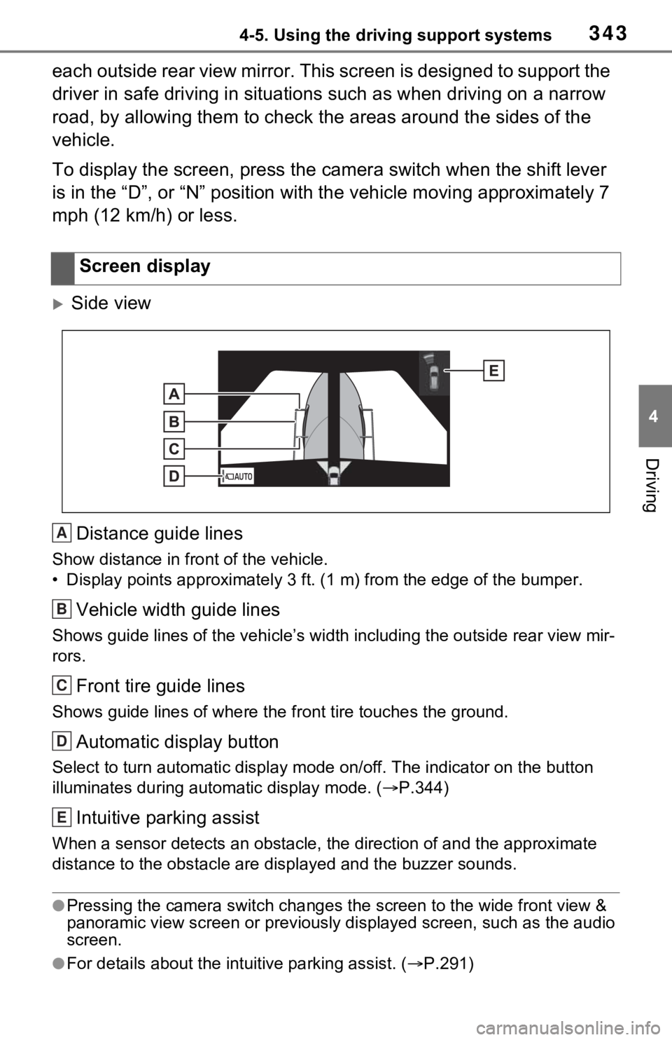 TOYOTA RAV4 HYBRID 2021  Owners Manual 3434-5. Using the driving support systems
4
Driving
each outside rear view mirror. This screen is designed to support the 
driver in safe driving in situations such as when driving on a narrow 
road, 