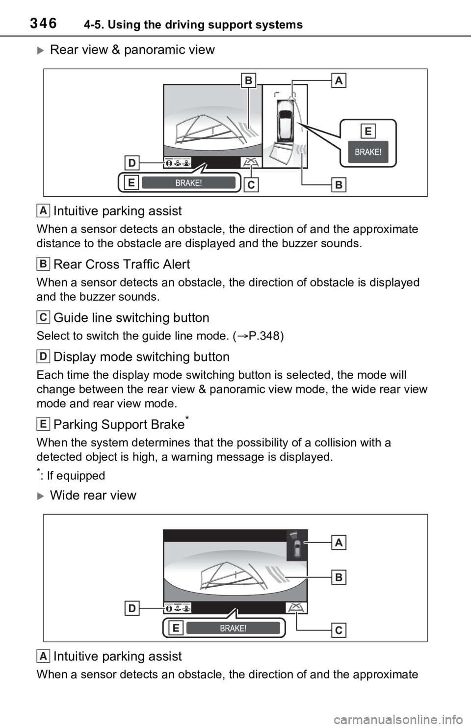TOYOTA RAV4 HYBRID 2021  Owners Manual 3464-5. Using the driving support systems
Rear view & panoramic viewIntuitive parking assist
When a sensor detects an obstacle, the direction of and the app roximate 
distance to the obsta cle are 