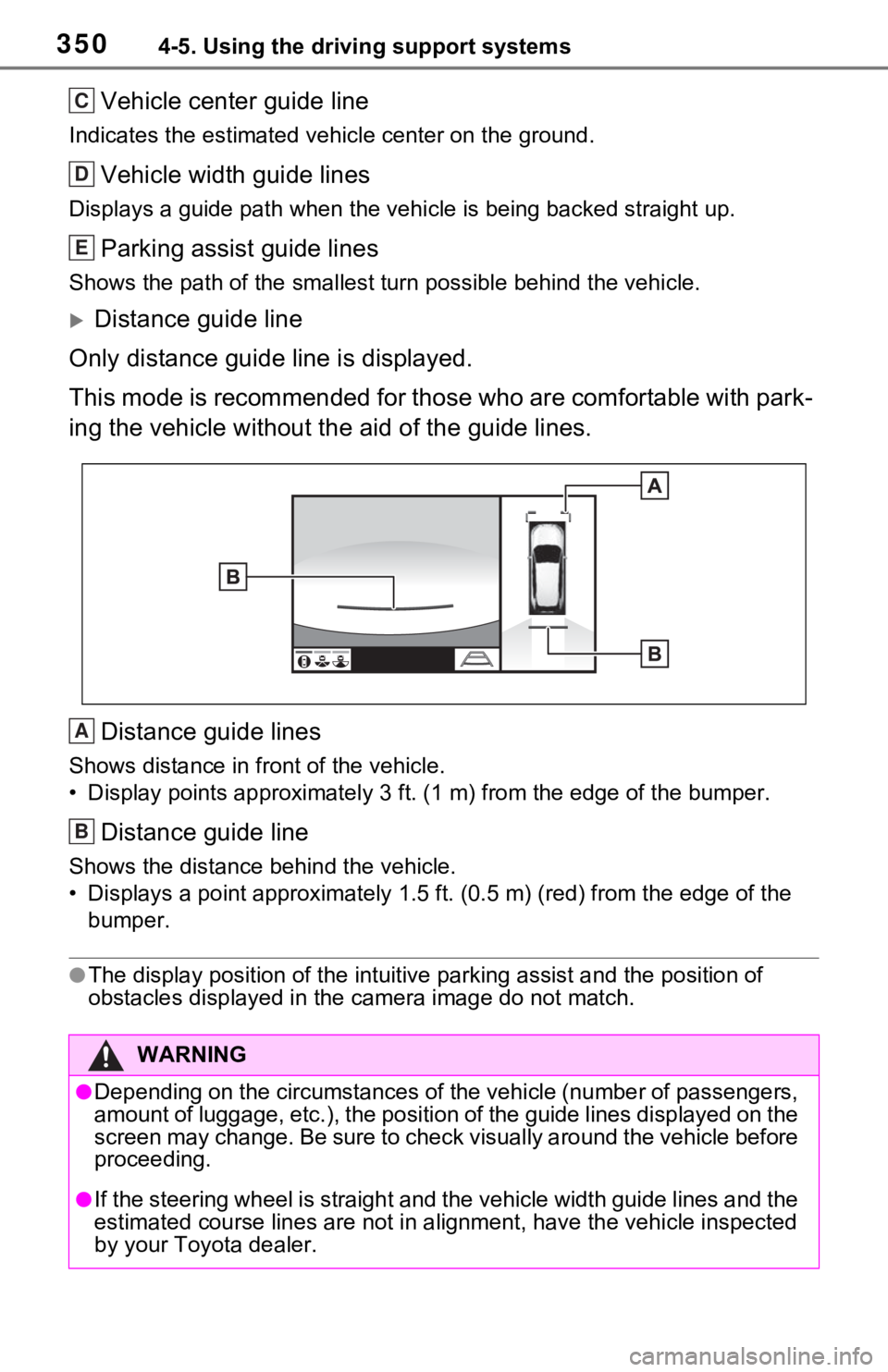 TOYOTA RAV4 HYBRID 2021  Owners Manual 3504-5. Using the driving support systems
Vehicle center guide line
Indicates the estimated vehicle center on the ground.
Vehicle width guide lines
Displays a guide path when the vehicle is being back