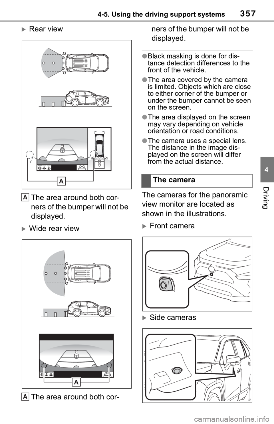 TOYOTA RAV4 HYBRID 2021 Owners Manual 3574-5. Using the driving support systems
4
Driving
Rear viewThe area around both cor-
ners of the bumper will not be
displayed.
Wide rear viewThe area around both cor- ners of the bumper will TOYOTA RAV4 HYBRID 2021 Owners Manual 3574-5. Using the driving support systems
4
Driving
Rear viewThe area around both cor-
ners of the bumper will not be
displayed.
Wide rear viewThe area around both cor- ners of the bumper will