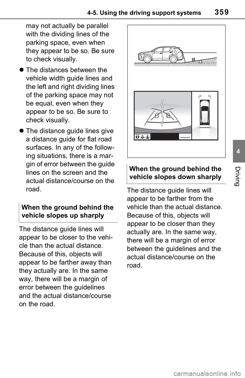 TOYOTA RAV4 HYBRID 2021  Owners Manual 3594-5. Using the driving support systems
4
Driving
may not actually be parallel 
with the dividing lines of the 
parking space, even when 
they appear to be so. Be sure 
to check visually.
 The di