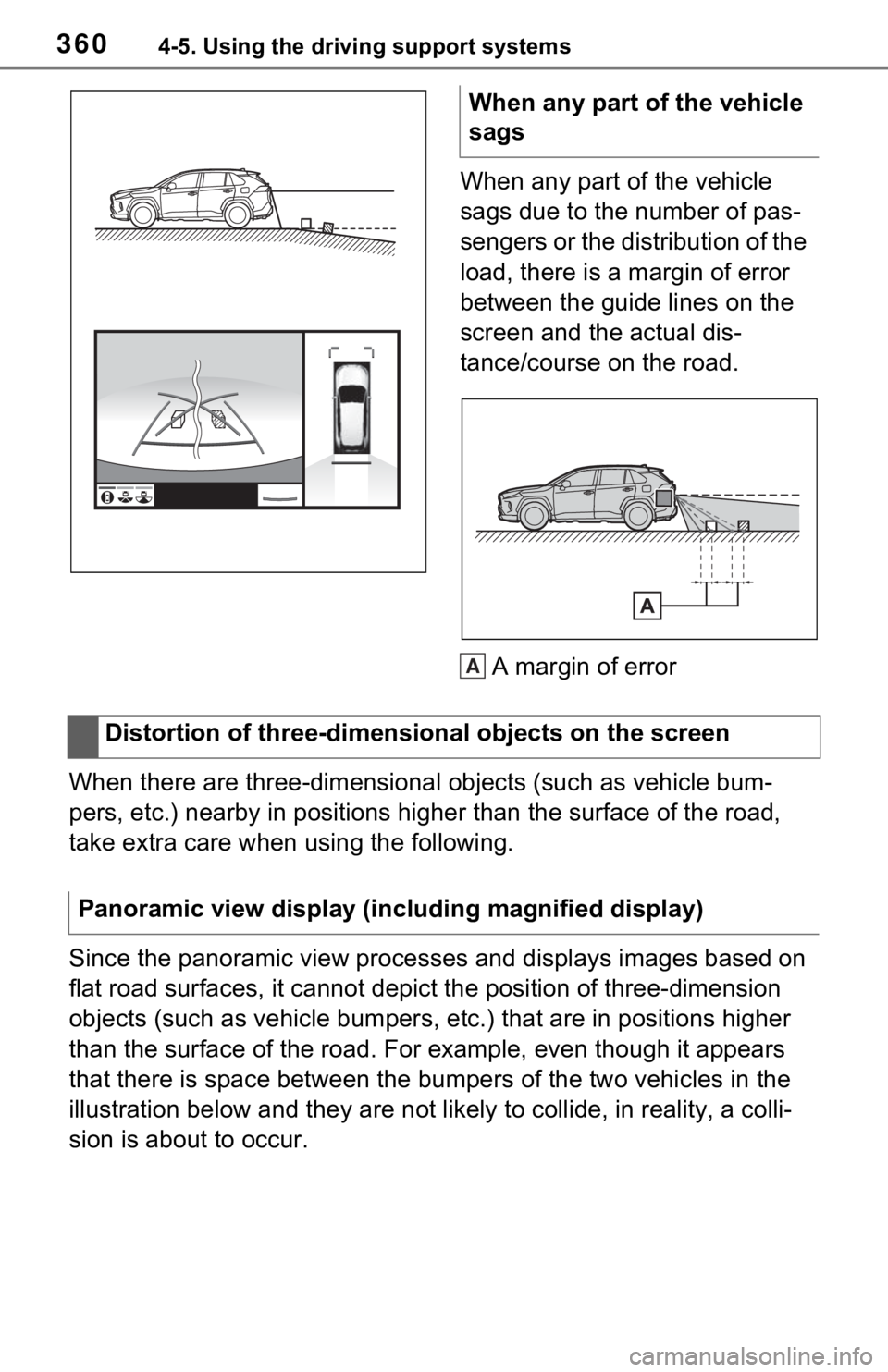 TOYOTA RAV4 HYBRID 2021 Owners Manual 3604-5. Using the driving support systems
When any part of the vehicle
sags due to the number of pas-
sengers or the distribution of the
load, there is a margin of error
between the guide lines on TOYOTA RAV4 HYBRID 2021 Owners Manual 3604-5. Using the driving support systems
When any part of the vehicle
sags due to the number of pas-
sengers or the distribution of the
load, there is a margin of error
between the guide lines on