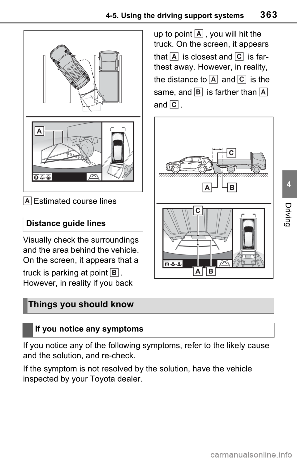 TOYOTA RAV4 HYBRID 2021 Owners Manual 3634-5. Using the driving support systems
4
DrivingEstimated course lines
Visually check the surroundings
and the area behind the vehicle.
On the screen, it appears that a
truck is parking at point TOYOTA RAV4 HYBRID 2021 Owners Manual 3634-5. Using the driving support systems
4
DrivingEstimated course lines
Visually check the surroundings
and the area behind the vehicle.
On the screen, it appears that a
truck is parking at point