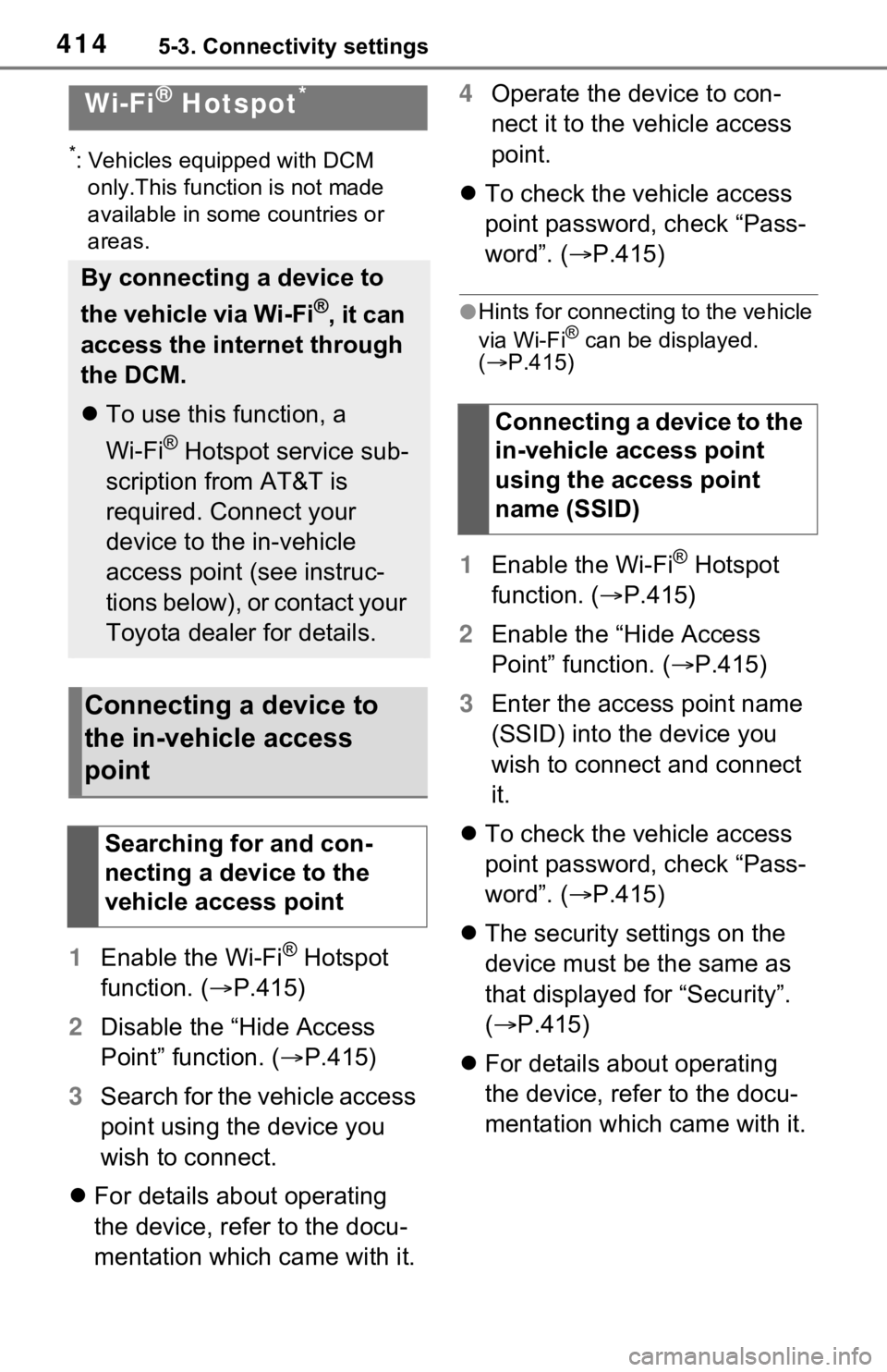 TOYOTA RAV4 HYBRID 2021 Owners Manual 4145-3. Connectivity settings
*: Vehicles equipped with DCM only.This function is not made
available in some countries or
areas.
1 Enable the Wi-Fi® Hotspot
function. ( P.415)
2 Disable the “ TOYOTA RAV4 HYBRID 2021 Owners Manual 4145-3. Connectivity settings
*: Vehicles equipped with DCM only.This function is not made
available in some countries or
areas.
1 Enable the Wi-Fi® Hotspot
function. ( P.415)
2 Disable the “