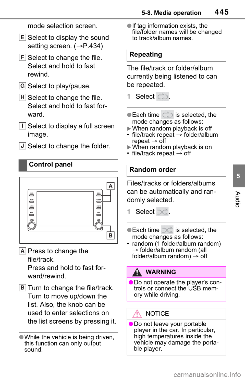 TOYOTA RAV4 HYBRID 2021  Owners Manual 4455-8. Media operation
5
Audio
mode selection screen.
Select to display the sound 
setting screen. (P.434)
Select to change the file.
Select and hold to fast 
rewind.
Select to play/pause.
Select 