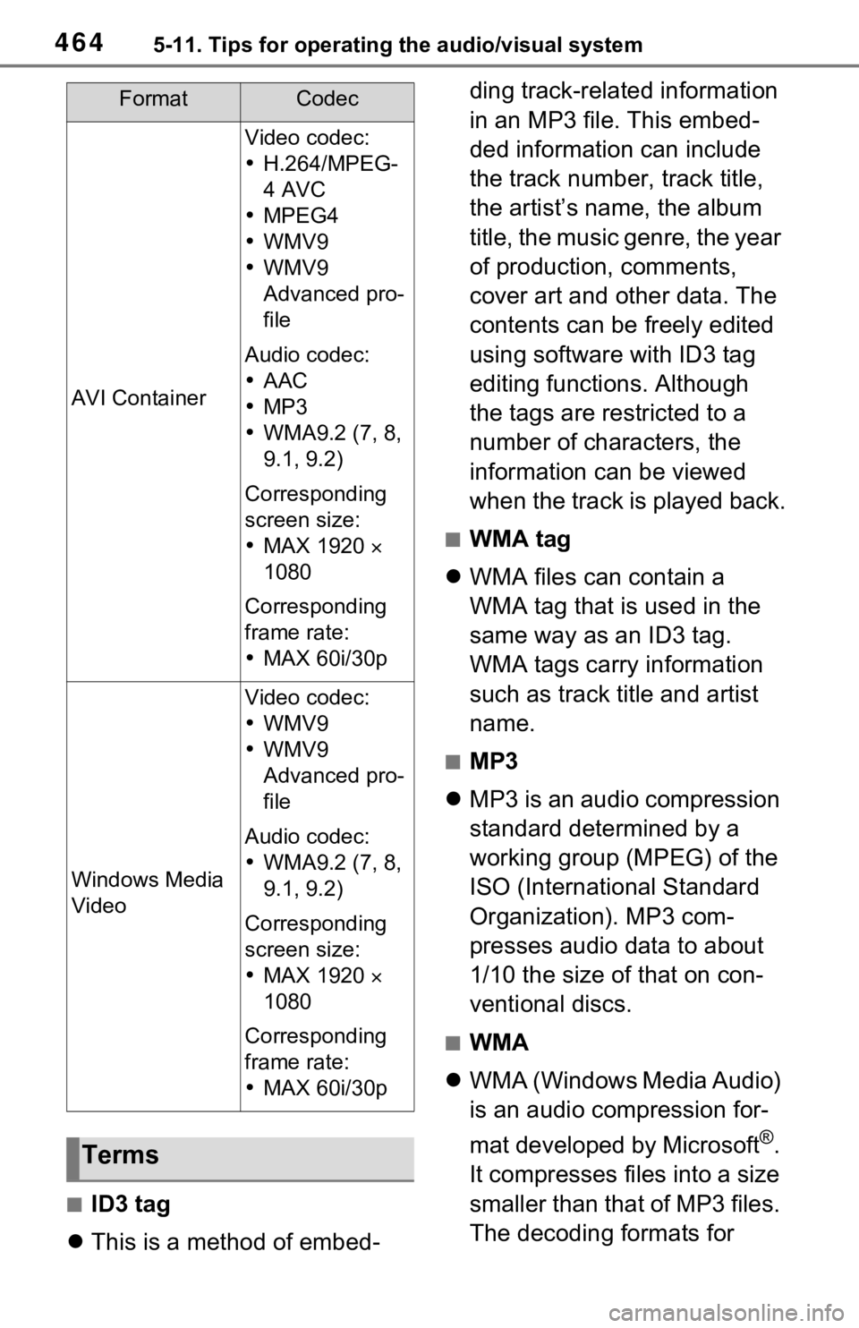 TOYOTA RAV4 HYBRID 2021 Owners Manual 4645-11. Tips for operating the audio/visual system
■ID3 tag
This is a method of embed- ding track-related information
in an MP3 file. This embed-
ded information can include
the track number, TOYOTA RAV4 HYBRID 2021 Owners Manual 4645-11. Tips for operating the audio/visual system
■ID3 tag
This is a method of embed- ding track-related information
in an MP3 file. This embed-
ded information can include
the track number,