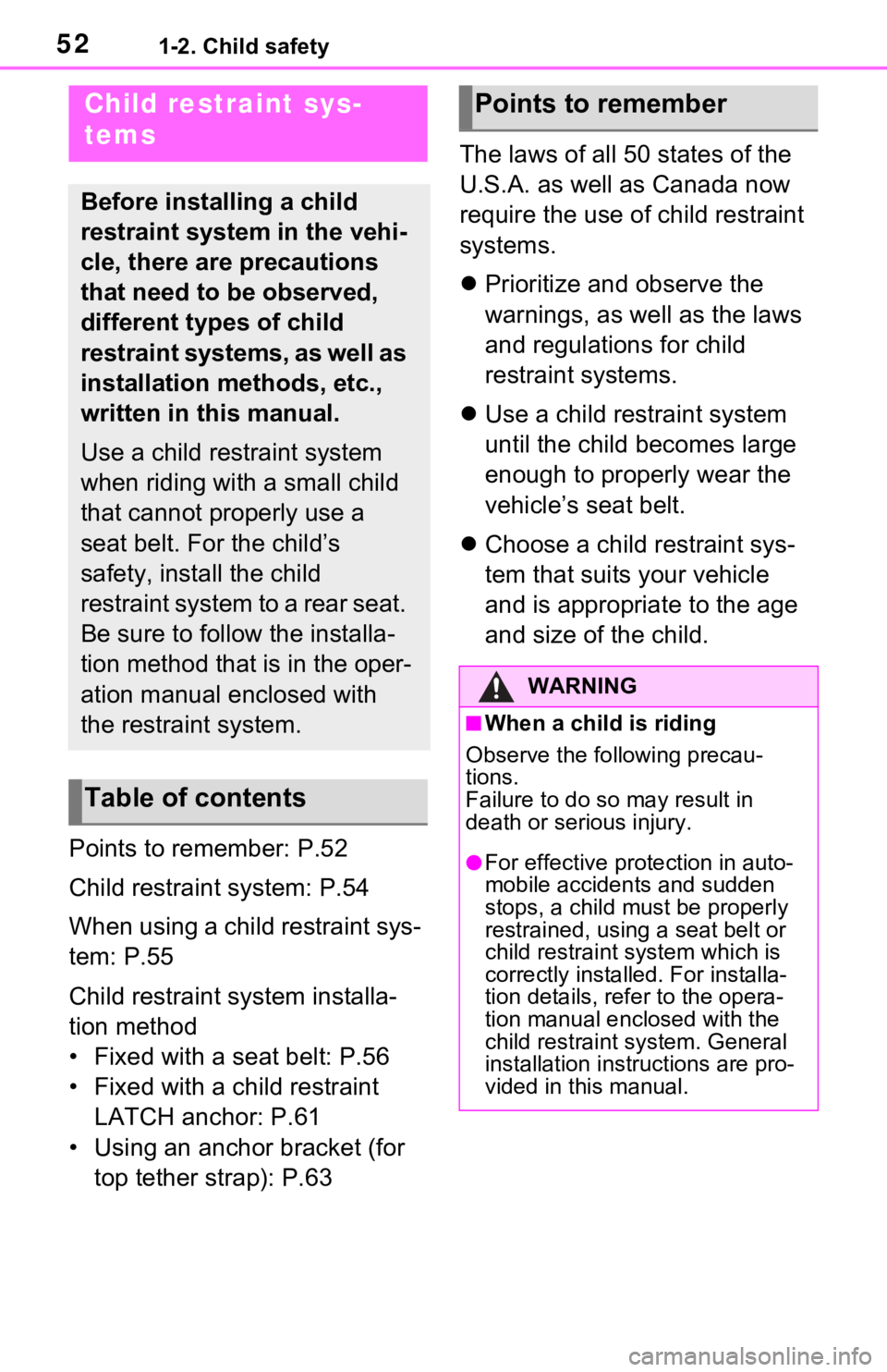 TOYOTA RAV4 HYBRID 2021 Workshop Manual 521-2. Child safety
Points to remember: P.52
Child restraint system: P.54
When using a child restraint sys-
tem: P.55
Child restraint system installa-
tion method
• Fixed with a seat belt: P.56
• 
