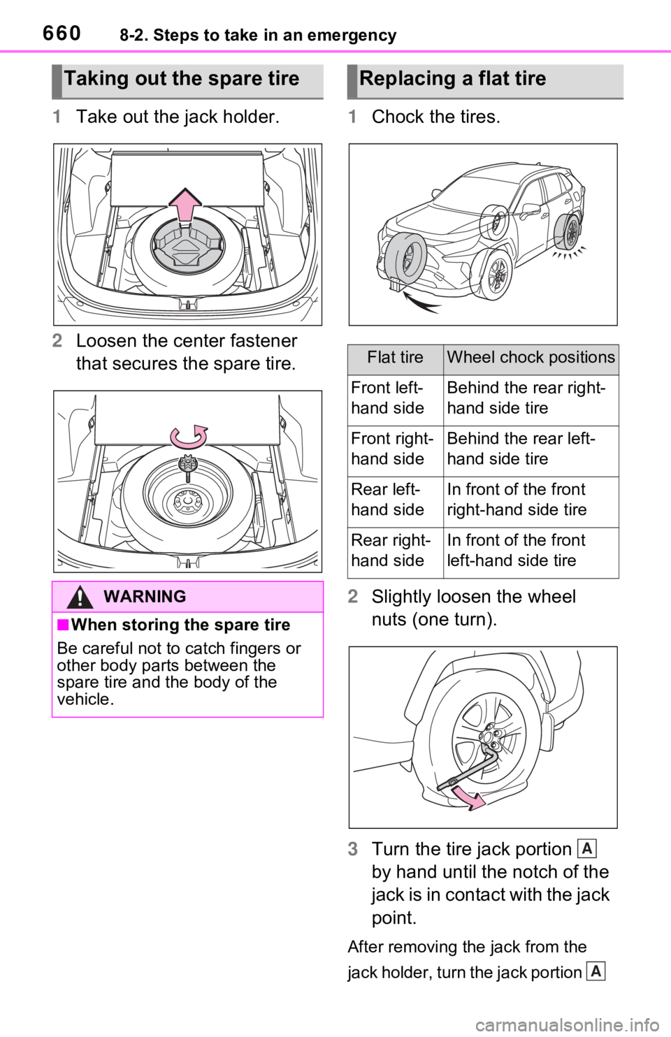 TOYOTA RAV4 HYBRID 2021 Owners Manual 6608-2. Steps to take in an emergency
1Take out the jack holder.
2 Loosen the center fastener
that secures the spare tire. 1
Chock the tires.
2 Slightly loosen the wheel
nuts (one turn).
3 Turn the TOYOTA RAV4 HYBRID 2021 Owners Manual 6608-2. Steps to take in an emergency
1Take out the jack holder.
2 Loosen the center fastener
that secures the spare tire. 1
Chock the tires.
2 Slightly loosen the wheel
nuts (one turn).
3 Turn the