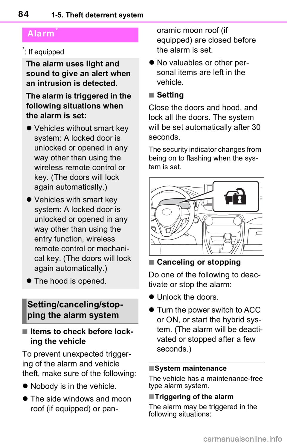 TOYOTA RAV4 HYBRID 2021 Owners Manual 841-5. Theft deterrent system
*: If equipped
■Items to check before lock-
ing the vehicle
To prevent unexpected trigger-
ing of the alarm and vehicle
theft, make sure of the following:
Nobody i TOYOTA RAV4 HYBRID 2021 Owners Manual 841-5. Theft deterrent system
*: If equipped
■Items to check before lock-
ing the vehicle
To prevent unexpected trigger-
ing of the alarm and vehicle
theft, make sure of the following:
Nobody i