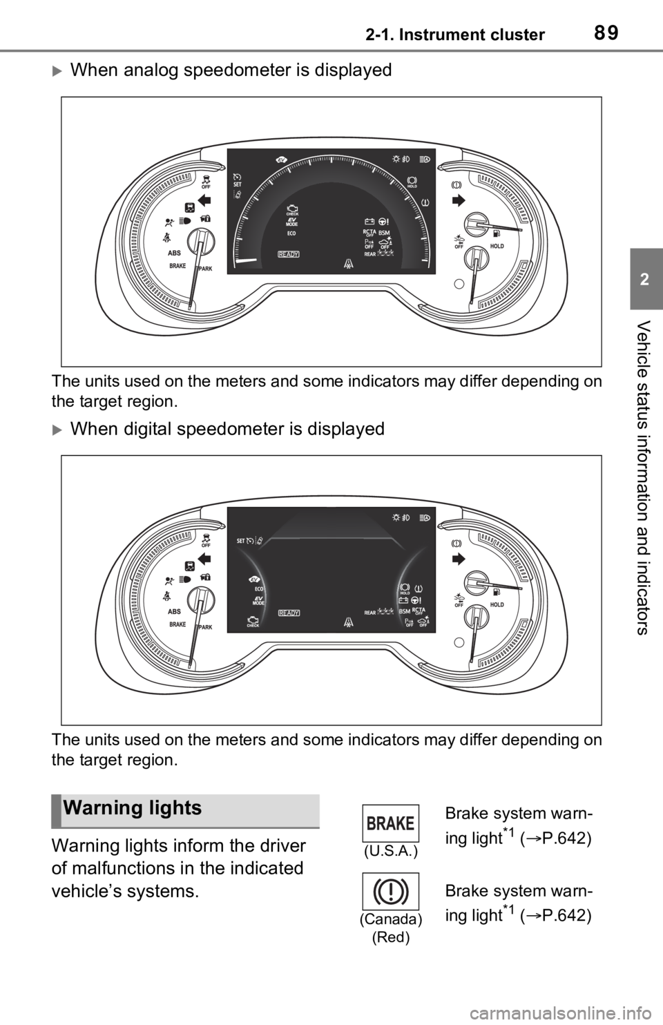 TOYOTA RAV4 HYBRID 2021 Owners Manual 892-1. Instrument cluster
2
Vehicle status information and indicators
When analog speedometer is displayed
The units used on the meters and some indicators may differ dep ending on
the target regi TOYOTA RAV4 HYBRID 2021 Owners Manual 892-1. Instrument cluster
2
Vehicle status information and indicators
When analog speedometer is displayed
The units used on the meters and some indicators may differ dep ending on
the target regi