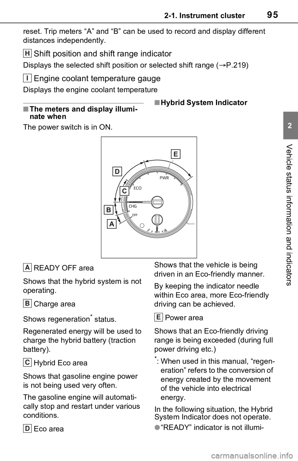 TOYOTA RAV4 HYBRID 2021 User Guide 952-1. Instrument cluster
2
Vehicle status information and indicators
reset. Trip meters “A” and “B” c an be used to record and display different
distances independently.
Shift position and s TOYOTA RAV4 HYBRID 2021 User Guide 952-1. Instrument cluster
2
Vehicle status information and indicators
reset. Trip meters “A” and “B” c an be used to record and display different
distances independently.
Shift position and s