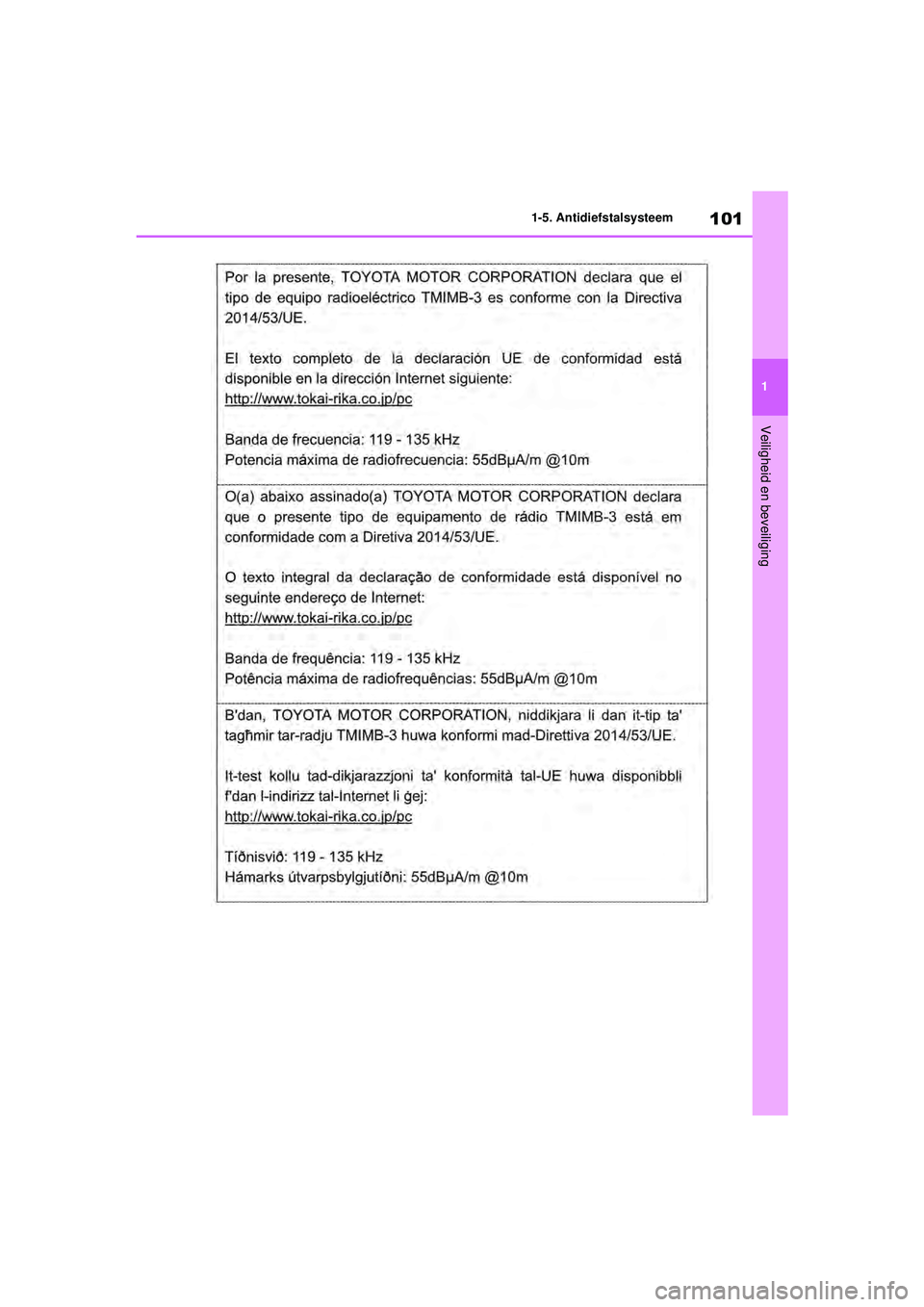 TOYOTA RAV4 HYBRID 2021  Instructieboekje (in Dutch) 101
1
1-5. Antidiefstalsysteem
Veiligheid en beveiliging
pM_RAV4-HV_OM_OM42D32E_(EE).book  Page 
101  Wednesday, July 29, 2020  9:01 AM 