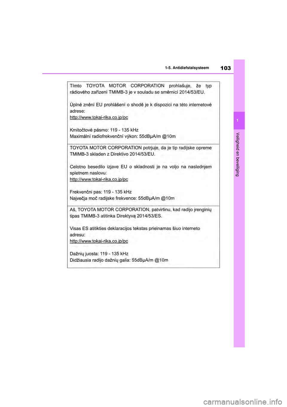TOYOTA RAV4 HYBRID 2021  Instructieboekje (in Dutch) 103
1
1-5. Antidiefstalsysteem
Veiligheid en beveiliging
pM_RAV4-HV_OM_OM42D32E_(EE).book  Page 
103  Wednesday, July 29, 2020  9:01 AM 