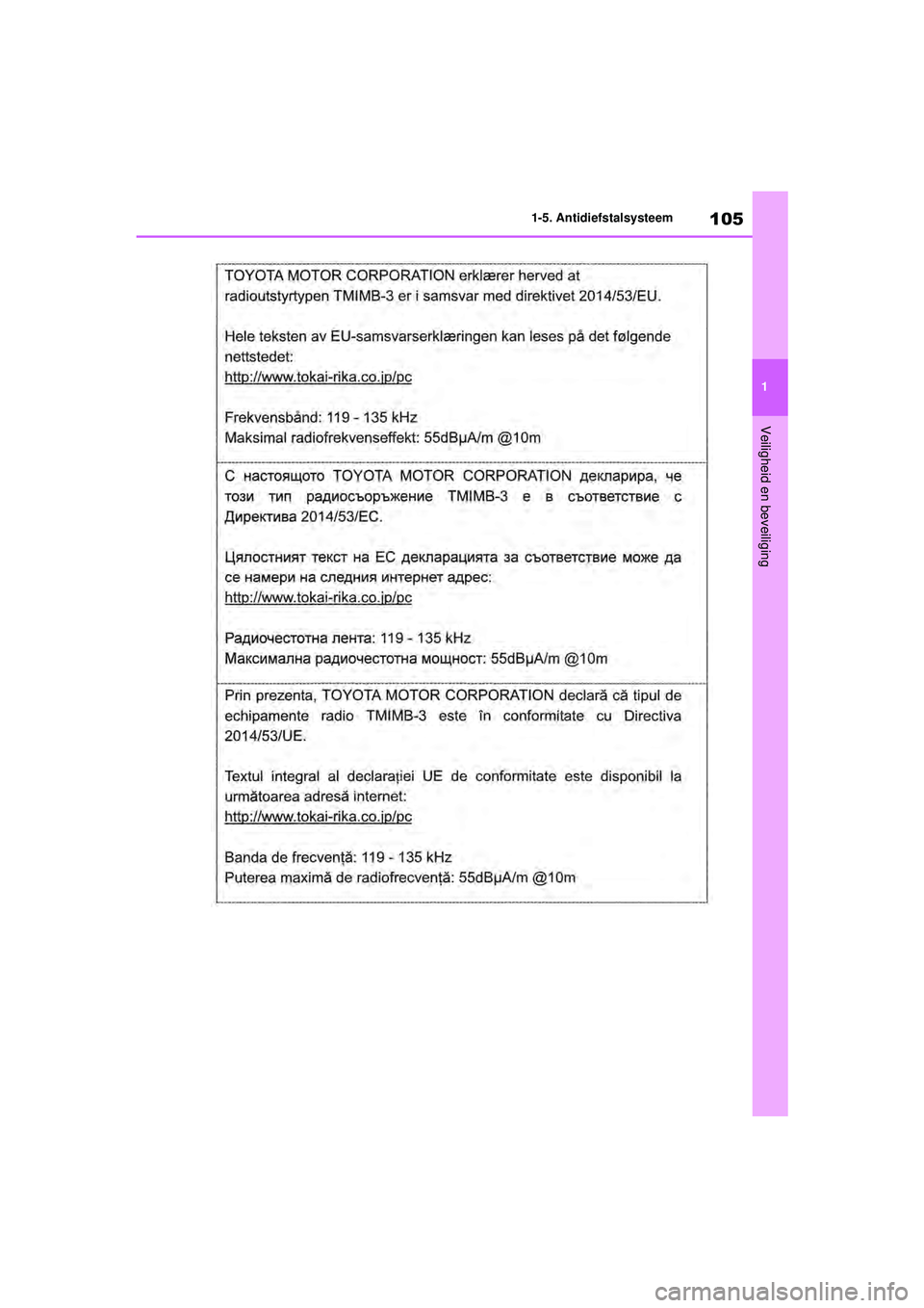 TOYOTA RAV4 HYBRID 2021  Instructieboekje (in Dutch) 105
1
1-5. Antidiefstalsysteem
Veiligheid en beveiliging
pM_RAV4-HV_OM_OM42D32E_(EE).book  Page 
105  Wednesday, July 29, 2020  9:01 AM 