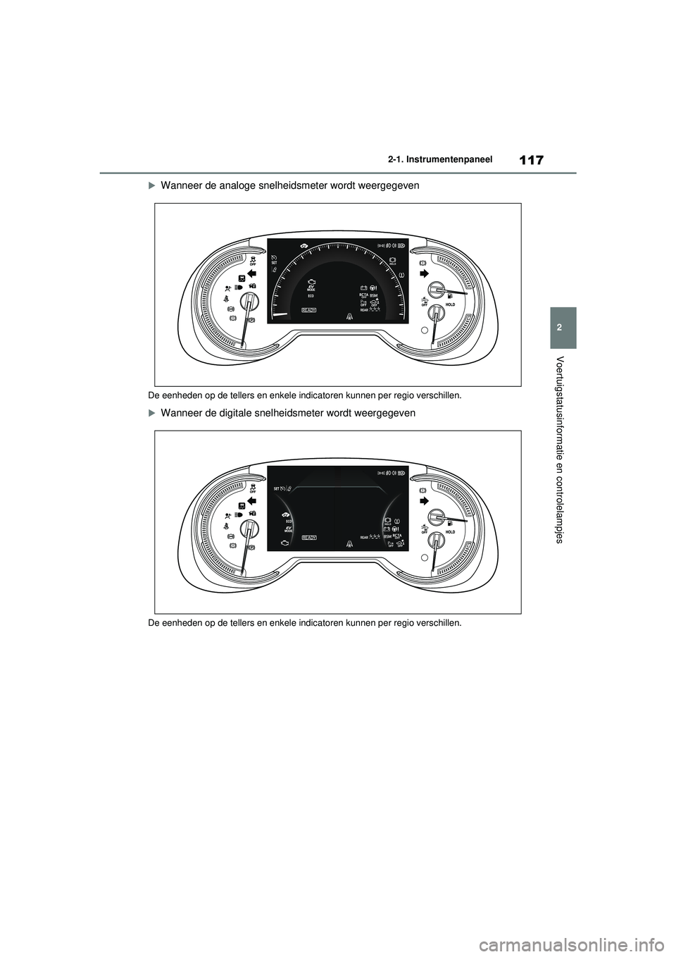 TOYOTA RAV4 HYBRID 2021 Instructieboekje (in Dutch) 117
2
2-1. Instrumentenpaneel
Voertuigstatusinformatie en controlelampjes
Wanneer de analoge snelheidsmeter wordt weergegeven
De eenheden op de tellers en enkele indica
toren kunnen per regio versc TOYOTA RAV4 HYBRID 2021 Instructieboekje (in Dutch) 117
2
2-1. Instrumentenpaneel
Voertuigstatusinformatie en controlelampjes
Wanneer de analoge snelheidsmeter wordt weergegeven
De eenheden op de tellers en enkele indica
toren kunnen per regio versc