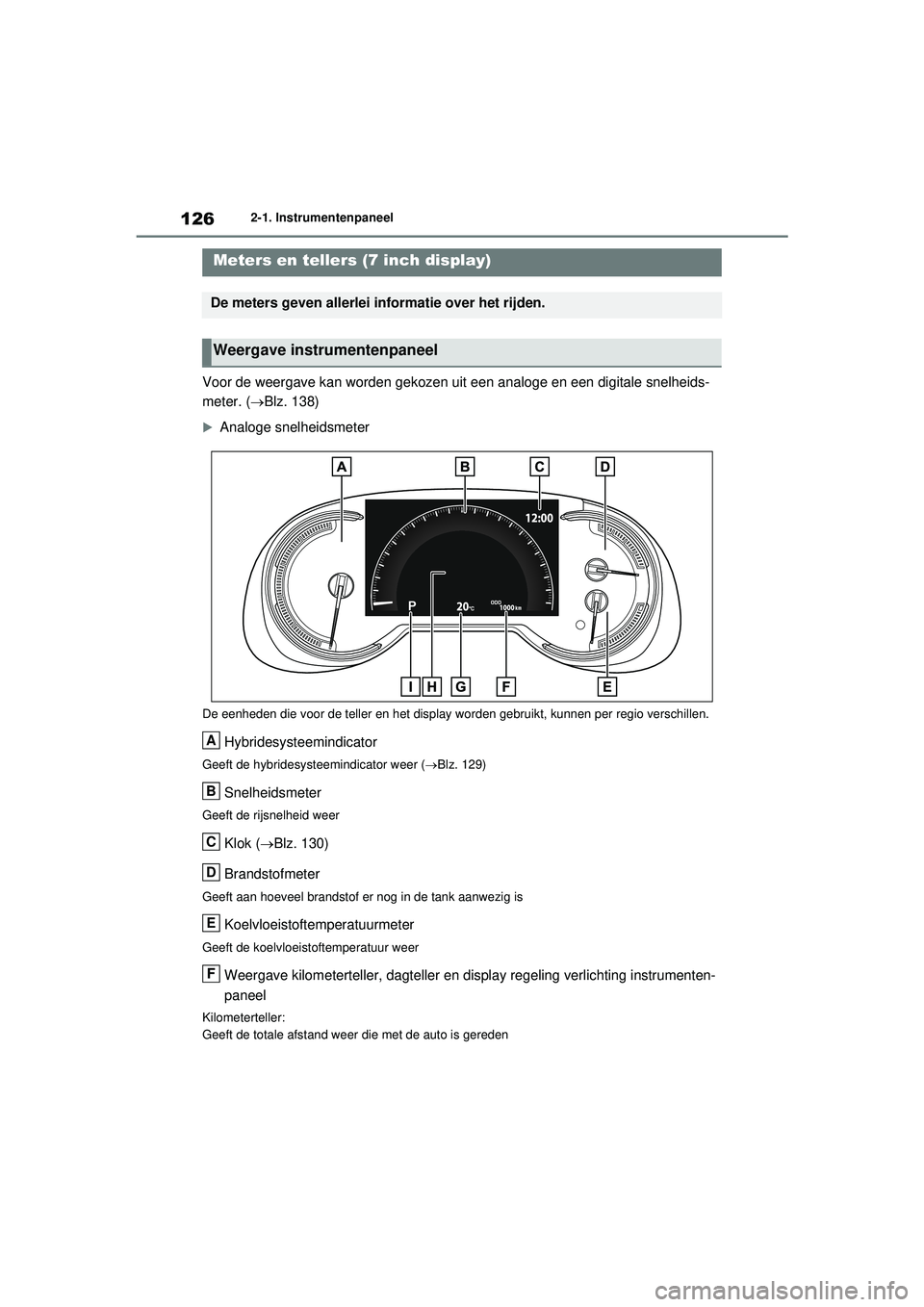 TOYOTA RAV4 HYBRID 2021 Instructieboekje (in Dutch) 1262-1. Instrumentenpaneel
Voor de weergave kan worden gekozen uit een analoge en een digitale snelheids-
meter. (Blz. 138)
Analoge snelheidsmeter
De eenheden die voor de teller en het display w TOYOTA RAV4 HYBRID 2021 Instructieboekje (in Dutch) 1262-1. Instrumentenpaneel
Voor de weergave kan worden gekozen uit een analoge en een digitale snelheids-
meter. (Blz. 138)
Analoge snelheidsmeter
De eenheden die voor de teller en het display w