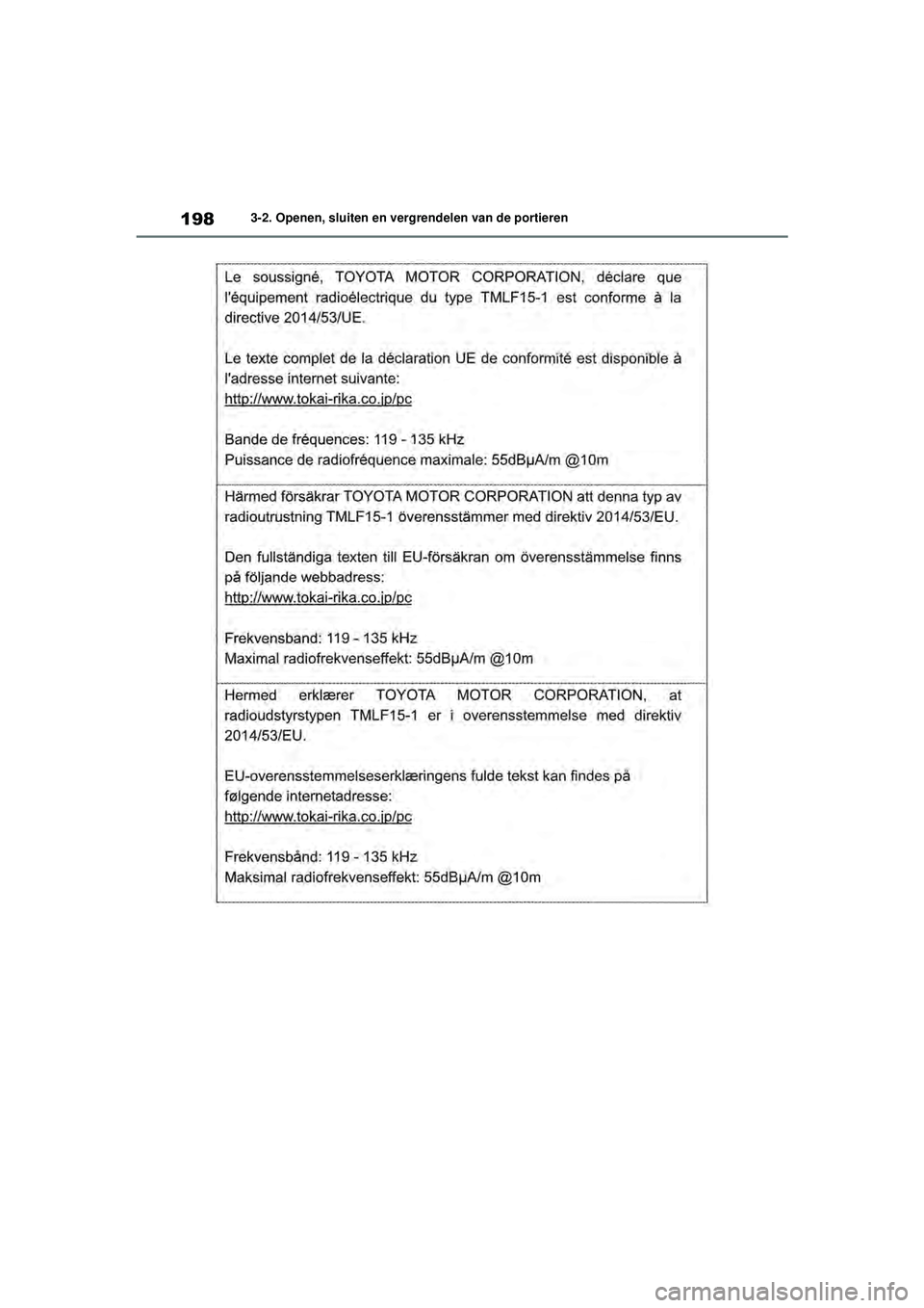 TOYOTA RAV4 HYBRID 2021 Instructieboekje (in Dutch) 1983-2. Openen, sluiten en vergrendelen van de portieren
pM_RAV4-HV_OM_OM42D32E_(EE).book Page 198 Wednesday, July 29, 2020 9:01 AM TOYOTA RAV4 HYBRID 2021 Instructieboekje (in Dutch) 1983-2. Openen, sluiten en vergrendelen van de portieren
pM_RAV4-HV_OM_OM42D32E_(EE).book Page 198 Wednesday, July 29, 2020 9:01 AM