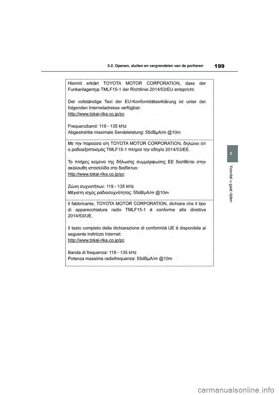 TOYOTA RAV4 HYBRID 2021 Instructieboekje (in Dutch) 199
3
3-2. Openen, sluiten en vergrendelen van de portieren
Voordat u gaat rijden
pM_RAV4-HV_OM_OM42D32E_(EE).book Page
199 Wednesday, July 29, 2020 9:01 AM TOYOTA RAV4 HYBRID 2021 Instructieboekje (in Dutch) 199
3
3-2. Openen, sluiten en vergrendelen van de portieren
Voordat u gaat rijden
pM_RAV4-HV_OM_OM42D32E_(EE).book Page
199 Wednesday, July 29, 2020 9:01 AM