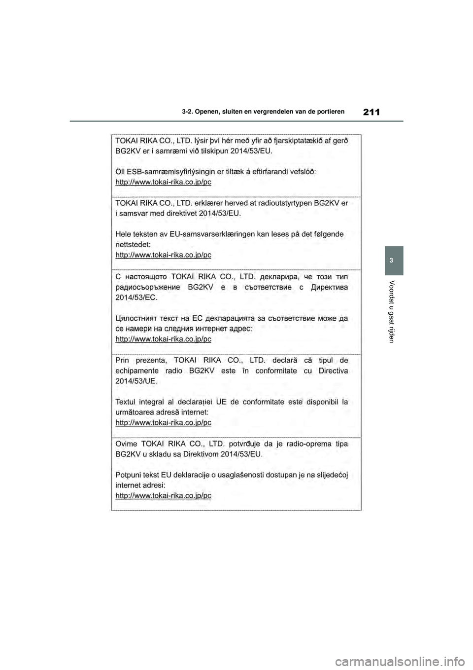 TOYOTA RAV4 HYBRID 2021  Instructieboekje (in Dutch) 211
3
3-2. Openen, sluiten en vergrendelen van de portieren
Voordat u gaat rijden
pM_RAV4-HV_OM_OM42D32E_(EE).book  Page 
211  Wednesday, July 29, 2020  9:01 AM 