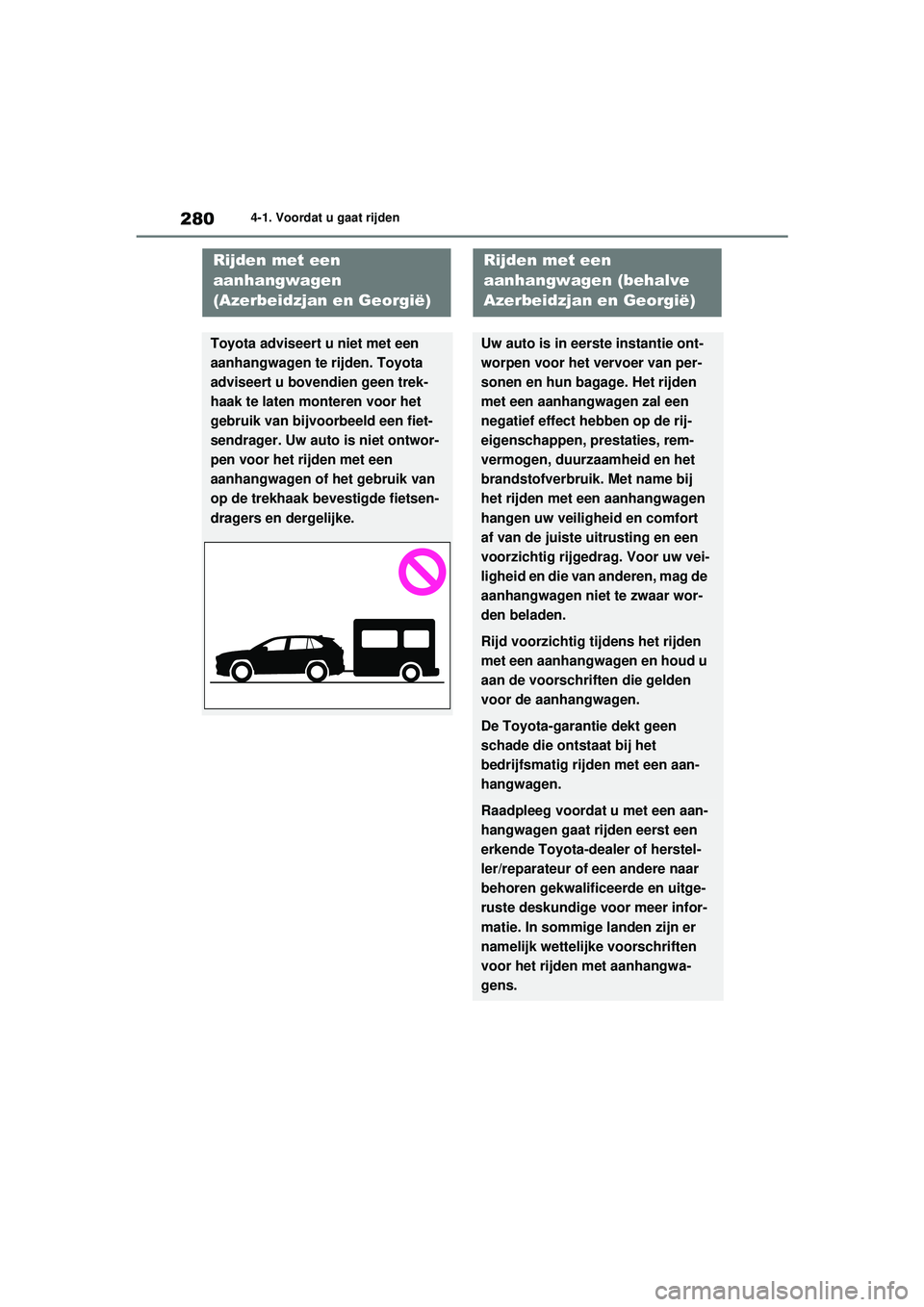 TOYOTA RAV4 HYBRID 2021 Instructieboekje (in Dutch) 2804-1. Voordat u gaat rijden
Rijden met een
aanhangwagen
(Azerbeidzjan en Georgië)
Toyota adviseert u niet met een
aanhangwagen te rijden. Toyota
adviseert u bovendien geen trek-
haak te laten m TOYOTA RAV4 HYBRID 2021 Instructieboekje (in Dutch) 2804-1. Voordat u gaat rijden
Rijden met een
aanhangwagen
(Azerbeidzjan en Georgië)
Toyota adviseert u niet met een
aanhangwagen te rijden. Toyota
adviseert u bovendien geen trek-
haak te laten m