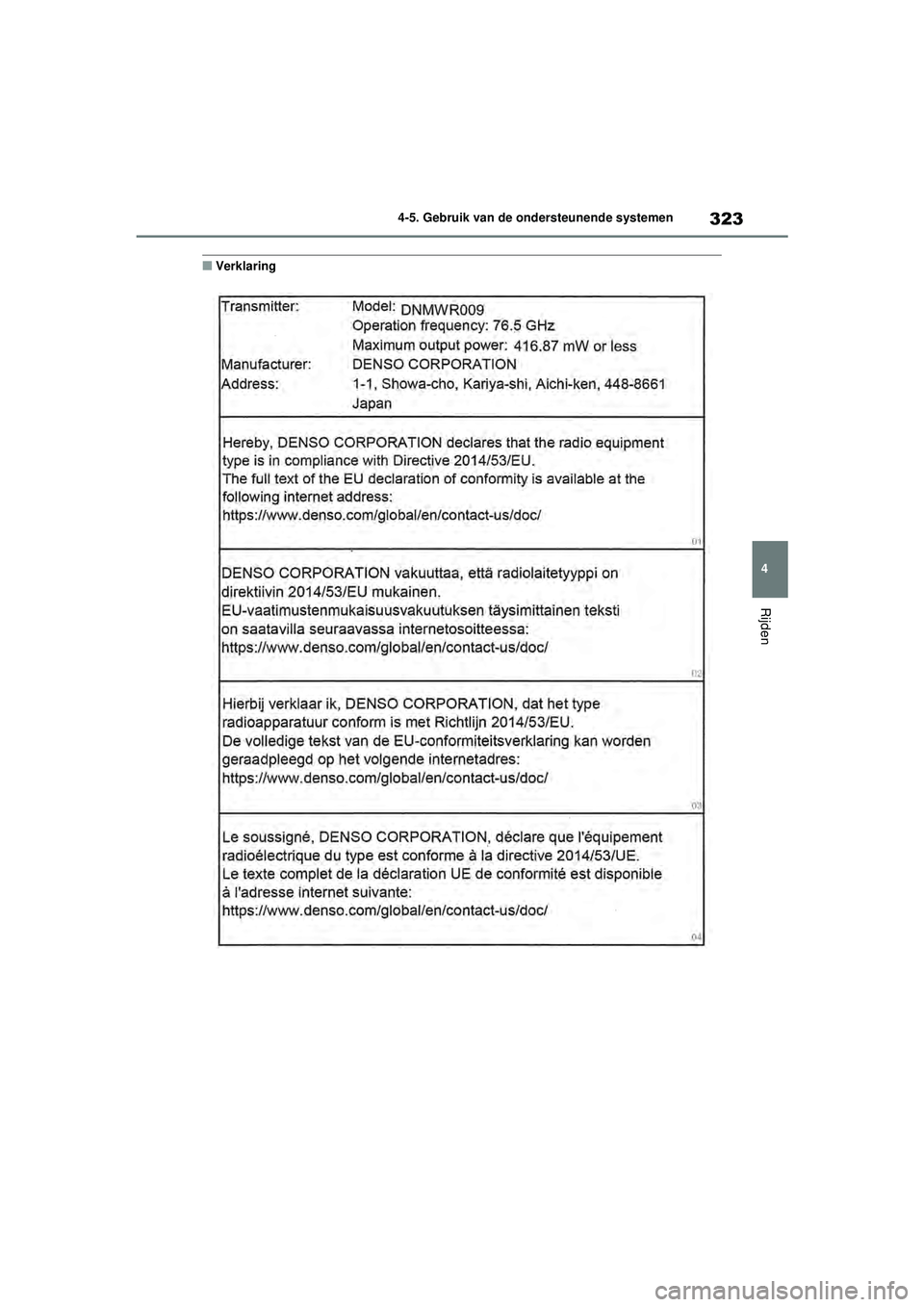 TOYOTA RAV4 HYBRID 2021 Instructieboekje (in Dutch) 323
4
4-5. Gebruik van de ondersteunende systemen
Rijden
■Verklaring
pM_RAV4-HV_OM_OM42D32E_(EE).book Page
323 Wednesday, July 29, 2020 9:01 AM TOYOTA RAV4 HYBRID 2021 Instructieboekje (in Dutch) 323
4
4-5. Gebruik van de ondersteunende systemen
Rijden
■Verklaring
pM_RAV4-HV_OM_OM42D32E_(EE).book Page
323 Wednesday, July 29, 2020 9:01 AM