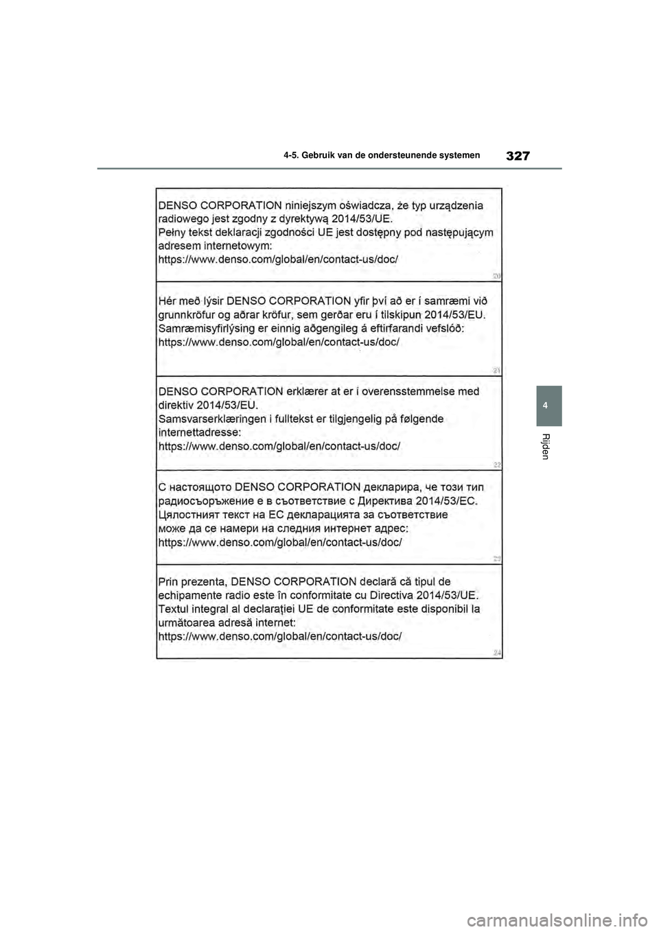 TOYOTA RAV4 HYBRID 2021 Instructieboekje (in Dutch) 327
4
4-5. Gebruik van de ondersteunende systemen
Rijden
pM_RAV4-HV_OM_OM42D32E_(EE).book Page
327 Wednesday, July 29, 2020 9:01 AM TOYOTA RAV4 HYBRID 2021 Instructieboekje (in Dutch) 327
4
4-5. Gebruik van de ondersteunende systemen
Rijden
pM_RAV4-HV_OM_OM42D32E_(EE).book Page
327 Wednesday, July 29, 2020 9:01 AM