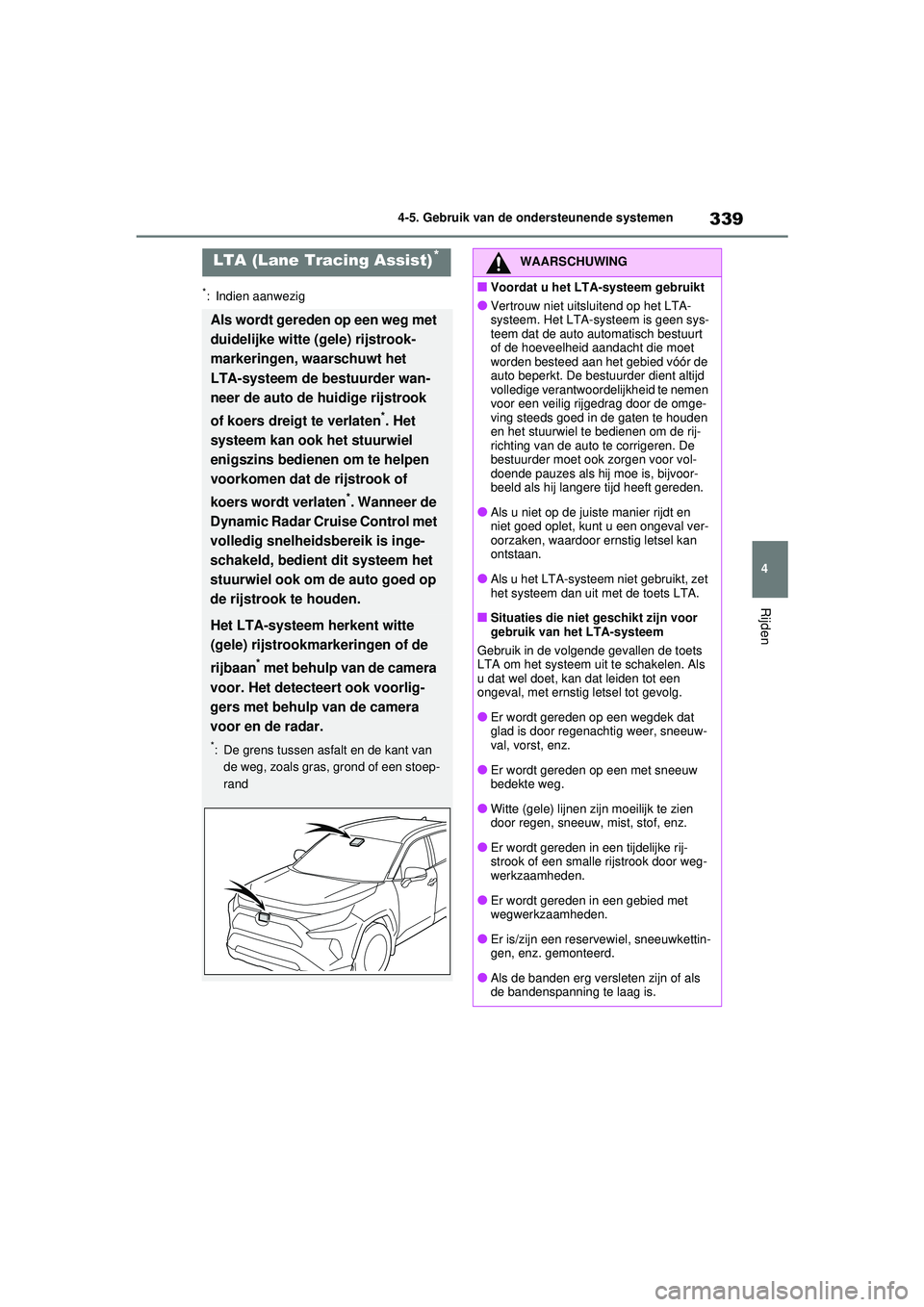 TOYOTA RAV4 HYBRID 2021 Instructieboekje (in Dutch) 339
4
4-5. Gebruik van de ondersteunende systemen
Rijden
*: Indien aanwezig
LTA (Lane Tracing Assist)*
Als wordt gereden op een weg met
duidelijke witte (gele) rijstrook-
markeringen, waarschuwt het TOYOTA RAV4 HYBRID 2021 Instructieboekje (in Dutch) 339
4
4-5. Gebruik van de ondersteunende systemen
Rijden
*: Indien aanwezig
LTA (Lane Tracing Assist)*
Als wordt gereden op een weg met
duidelijke witte (gele) rijstrook-
markeringen, waarschuwt het