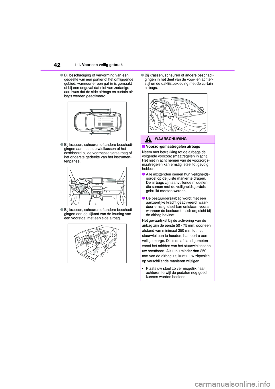 TOYOTA RAV4 HYBRID 2021  Instructieboekje (in Dutch) 421-1. Voor een veilig gebruik
●Bij beschadiging of vervorming van een 
gedeelte van een portier of het omliggende 
gebied, wanneer er een gat in is gemaakt 
of bij een ongeval dat niet van zodanige