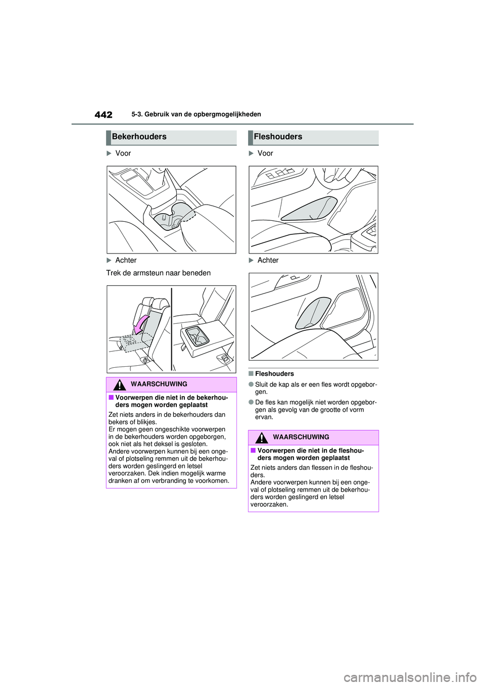 TOYOTA RAV4 HYBRID 2021  Instructieboekje (in Dutch) 4425-3. Gebruik van de opbergmogelijkheden

Voor
Achter
Trek de armsteun naar beneden
Voor
Achter
■Fleshouders
●Sluit de kap als er een fles wordt opgebor-
gen.
●De fles kan mogelijk