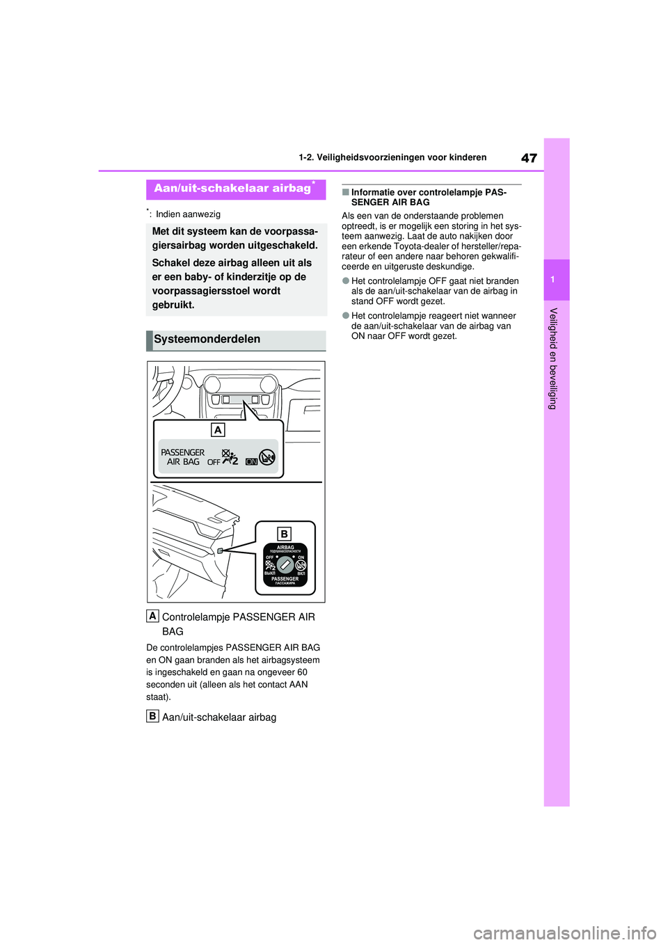 TOYOTA RAV4 HYBRID 2021 Instructieboekje (in Dutch) 47
1
1-2. Veiligheidsvoorzieningen voor kinderen
Veiligheid en beveiliging
1-2.Veiligheidsvoorzieningen voor kinderen
*: Indien aanwezig
Controlelampje PASSENGER AIR
BAG
De controlelampjes PASSENGER TOYOTA RAV4 HYBRID 2021 Instructieboekje (in Dutch) 47
1
1-2. Veiligheidsvoorzieningen voor kinderen
Veiligheid en beveiliging
1-2.Veiligheidsvoorzieningen voor kinderen
*: Indien aanwezig
Controlelampje PASSENGER AIR
BAG
De controlelampjes PASSENGER