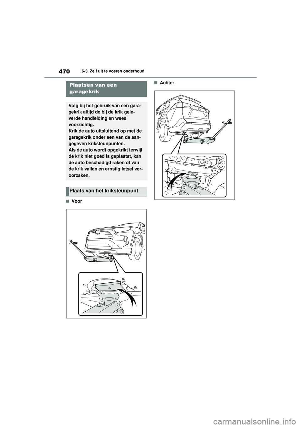 TOYOTA RAV4 HYBRID 2021  Instructieboekje (in Dutch) 4706-3. Zelf uit te voeren onderhoud
■Voor
■AchterPlaatsen van een 
garagekrik
Volg bij het gebruik van een gara-
gekrik altijd de bij de krik gele-
verde handleiding en wees 
voorzichtig. 
Krik d