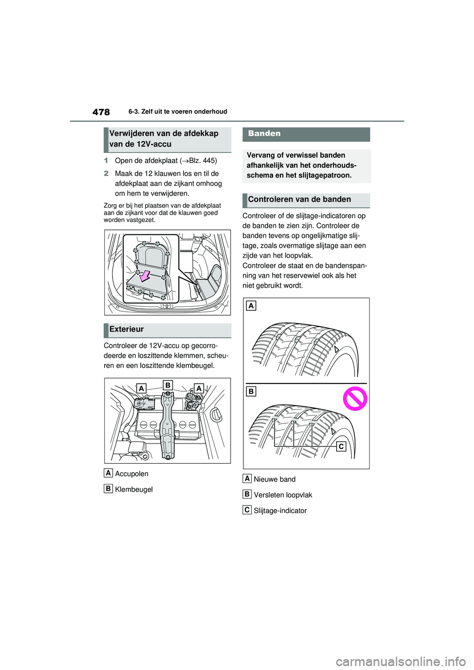 TOYOTA RAV4 HYBRID 2021  Instructieboekje (in Dutch) 4786-3. Zelf uit te voeren onderhoud
1Open de afdekplaat ( Blz. 445)
2 Maak de 12 klauwen los en til de 
afdekplaat aan de zijkant omhoog 
om hem te verwijderen.
Zorg er bij het plaatsen van de afd