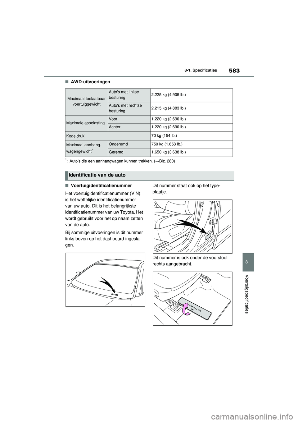 TOYOTA RAV4 HYBRID 2021 Instructieboekje (in Dutch) 583
8
8-1. Specificaties
Voertuigspecificaties
■AWD-uitvoeringen
*: Autos die een aanhangwagen kunnen trekken. (
Blz. 280)
■Voertuigidentificatienummer
Het voertuigidentificatienummer (VIN)
i TOYOTA RAV4 HYBRID 2021 Instructieboekje (in Dutch) 583
8
8-1. Specificaties
Voertuigspecificaties
■AWD-uitvoeringen
*: Autos die een aanhangwagen kunnen trekken. (
Blz. 280)
■Voertuigidentificatienummer
Het voertuigidentificatienummer (VIN)
i