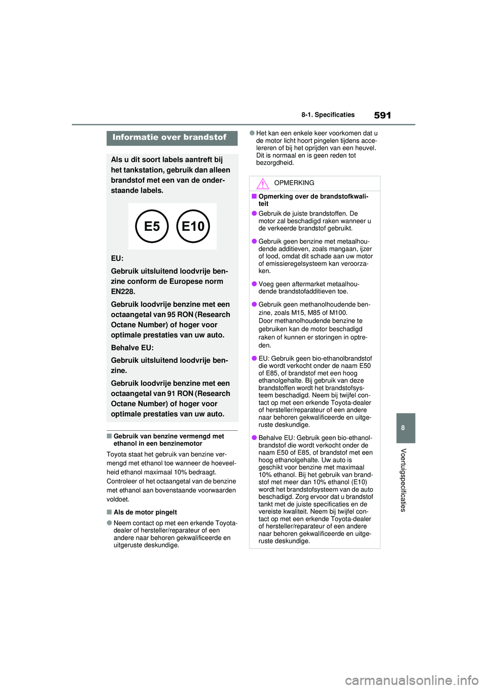 TOYOTA RAV4 HYBRID 2021 Instructieboekje (in Dutch) 591
8
8-1. Specificaties
Voertuigspecificaties
■Gebruik van benzine vermengd met
ethanol in een benzinemotor
Toyota staat het gebruik van benzine ver-
mengd met ethanol toe wanneer de hoeveel-
heid TOYOTA RAV4 HYBRID 2021 Instructieboekje (in Dutch) 591
8
8-1. Specificaties
Voertuigspecificaties
■Gebruik van benzine vermengd met
ethanol in een benzinemotor
Toyota staat het gebruik van benzine ver-
mengd met ethanol toe wanneer de hoeveel-
heid