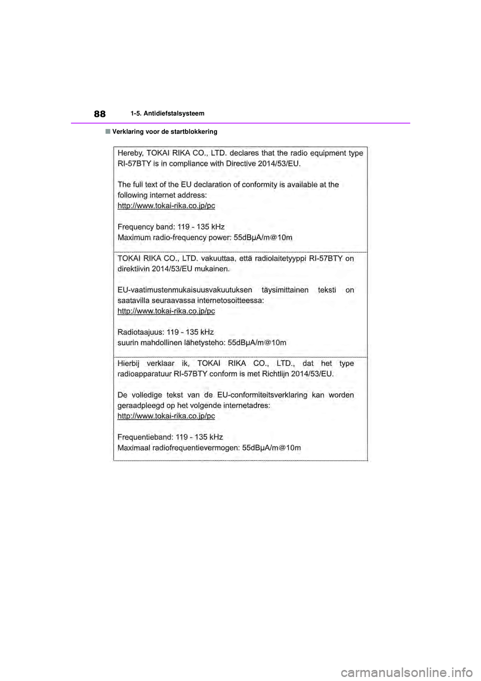 TOYOTA RAV4 HYBRID 2021 Instructieboekje (in Dutch) 881-5. Antidiefstalsysteem
■Verklaring voor de startblokkering
pM_RAV4-HV_OM_OM42D32E_(EE).book Page 88 Wednesday, July 29, 2020 9:01 AM TOYOTA RAV4 HYBRID 2021 Instructieboekje (in Dutch) 881-5. Antidiefstalsysteem
■Verklaring voor de startblokkering
pM_RAV4-HV_OM_OM42D32E_(EE).book Page 88 Wednesday, July 29, 2020 9:01 AM