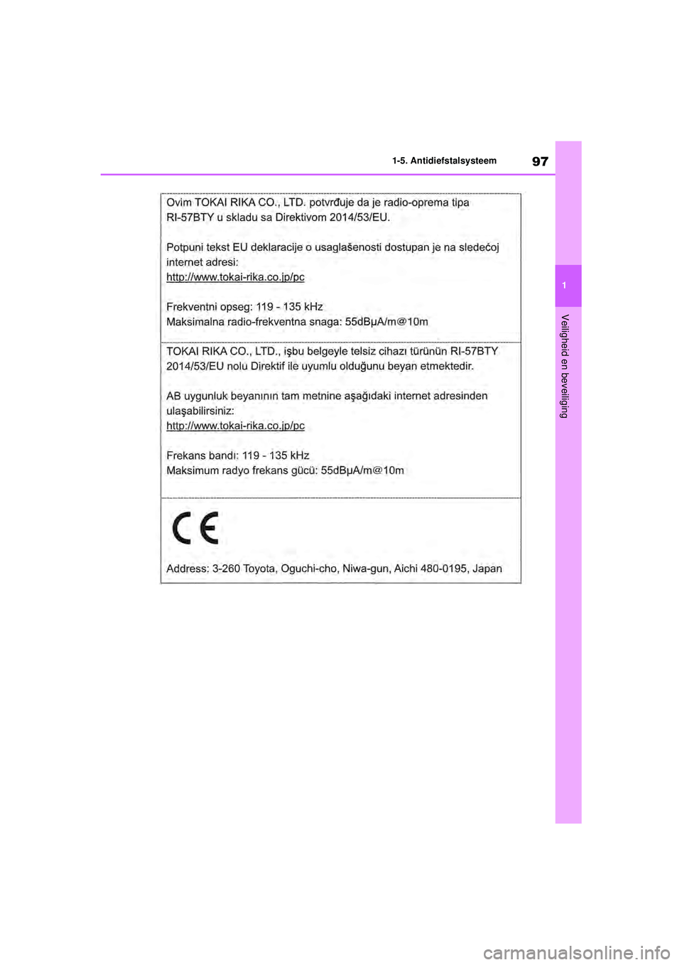 TOYOTA RAV4 HYBRID 2021 Instructieboekje (in Dutch) 97
1
1-5. Antidiefstalsysteem
Veiligheid en beveiliging
pM_RAV4-HV_OM_OM42D32E_(EE).book Page
97 Wednesday, July 29, 2020 9:01 AM TOYOTA RAV4 HYBRID 2021 Instructieboekje (in Dutch) 97
1
1-5. Antidiefstalsysteem
Veiligheid en beveiliging
pM_RAV4-HV_OM_OM42D32E_(EE).book Page
97 Wednesday, July 29, 2020 9:01 AM