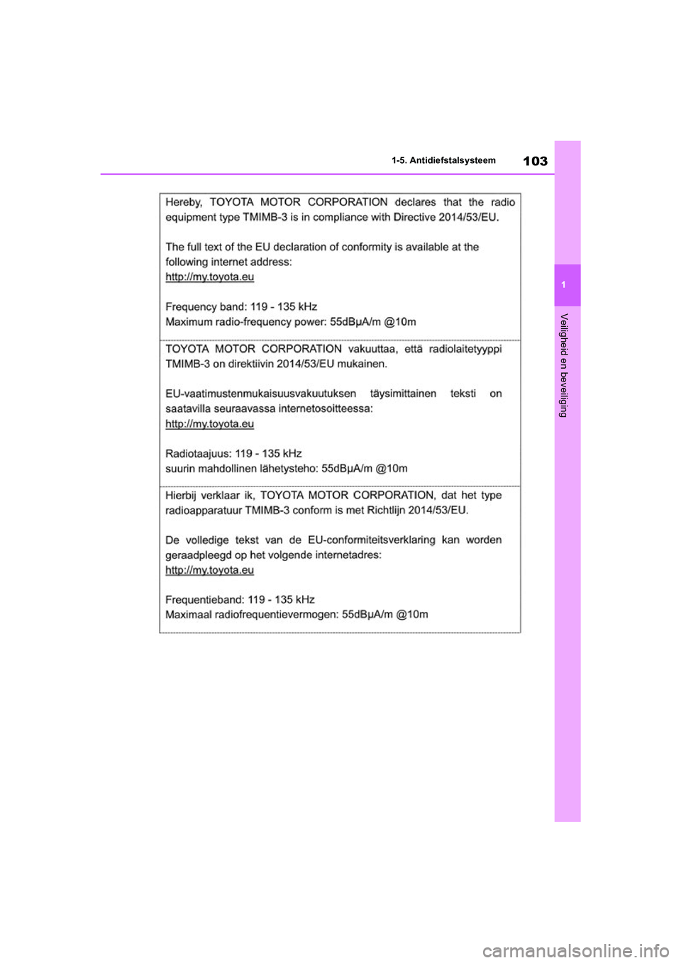 TOYOTA RAV4 HYBRID 2020  Instructieboekje (in Dutch) 103
1
1-5. Antidiefstalsysteem
Veiligheid en beveiliging
pM_RAV4-HV_OM_OM42C86E_(EE).boo
k  Page 103  Wednesday, October 9, 2019  11:15 AM 