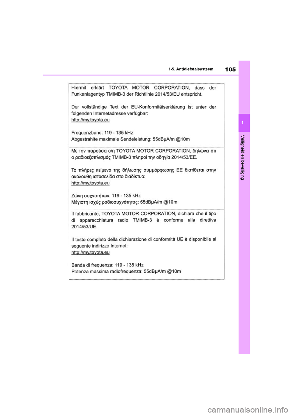 TOYOTA RAV4 HYBRID 2020  Instructieboekje (in Dutch) 105
1
1-5. Antidiefstalsysteem
Veiligheid en beveiliging
pM_RAV4-HV_OM_OM42C86E_(EE).boo
k  Page 105  Wednesday, October 9, 2019  11:15 AM 
