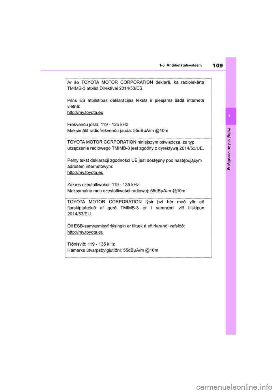 TOYOTA RAV4 HYBRID 2020  Instructieboekje (in Dutch) 109
1
1-5. Antidiefstalsysteem
Veiligheid en beveiliging
pM_RAV4-HV_OM_OM42C86E_(EE).boo
k  Page 109  Wednesday, October 9, 2019  11:15 AM 