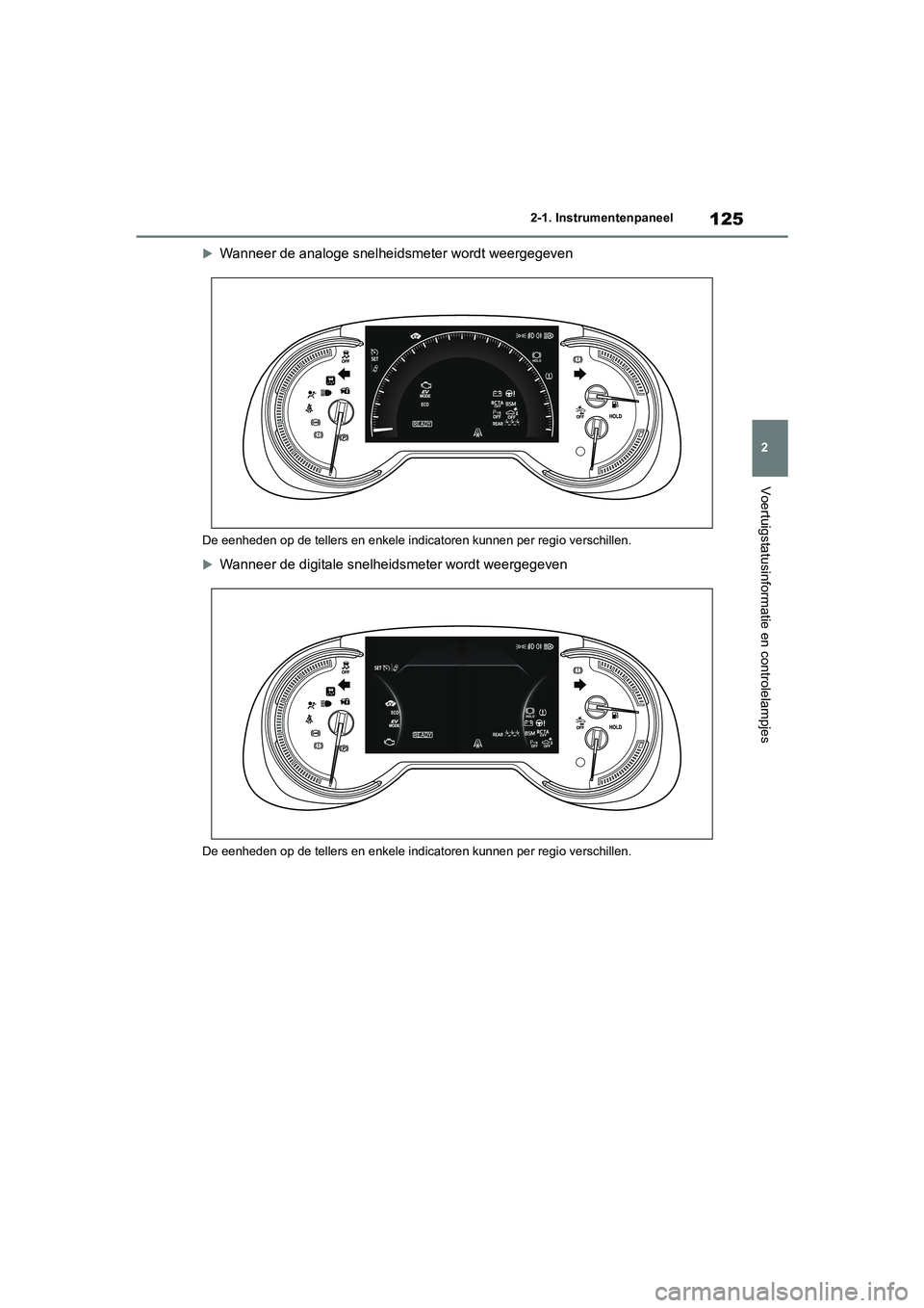 TOYOTA RAV4 HYBRID 2020 Instructieboekje (in Dutch) 125
2
2-1. Instrumentenpaneel
Voertuigstatusinformatie en controlelampjes
Wanneer de analoge snelheidsmeter wordt weergegeven
De eenheden op de tellers en enkele indicatoren kunnen per regi
o versc TOYOTA RAV4 HYBRID 2020 Instructieboekje (in Dutch) 125
2
2-1. Instrumentenpaneel
Voertuigstatusinformatie en controlelampjes
Wanneer de analoge snelheidsmeter wordt weergegeven
De eenheden op de tellers en enkele indicatoren kunnen per regi
o versc