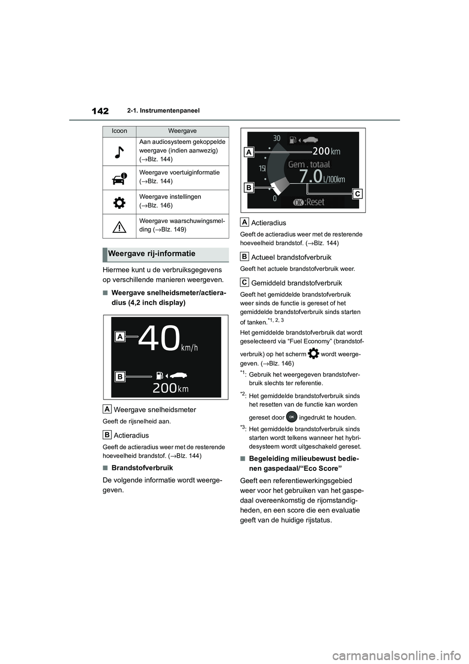 TOYOTA RAV4 HYBRID 2020  Instructieboekje (in Dutch) 1422-1. Instrumentenpaneel
Hiermee kunt u de verbruiksgegevens 
op verschillende manieren weergeven.
■Weergave snelheidsmeter/actiera-
dius (4,2 inch display)Weergave snelheidsmeter
Geeft de rijsnel