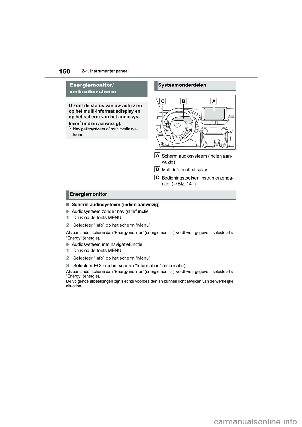 TOYOTA RAV4 HYBRID 2020 Instructieboekje (in Dutch) 1502-1. Instrumentenpaneel
Scherm audiosysteem (indien aan-
wezig)
Multi-informatiedisplay
Bedieningstoetsen instrumentenpa-
neel ( →Blz. 141)
■Scherm audiosysteem (indien aanwezig)
Audiosystee TOYOTA RAV4 HYBRID 2020 Instructieboekje (in Dutch) 1502-1. Instrumentenpaneel
Scherm audiosysteem (indien aan-
wezig)
Multi-informatiedisplay
Bedieningstoetsen instrumentenpa-
neel ( →Blz. 141)
■Scherm audiosysteem (indien aanwezig)
Audiosystee